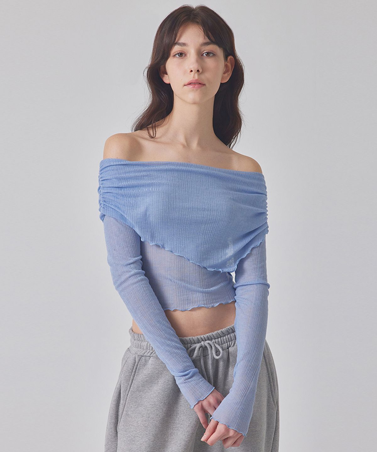 탑걸(TOPGIRL) [텐셀혼방/오프숄더]SEE-THROUGH OFF-SHOULDER TOP_T416TP139