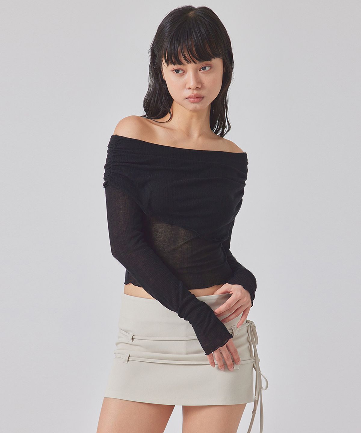 탑걸(TOPGIRL) [텐셀혼방/오프숄더]SEE-THROUGH OFF-SHOULDER TOP_T416TP139