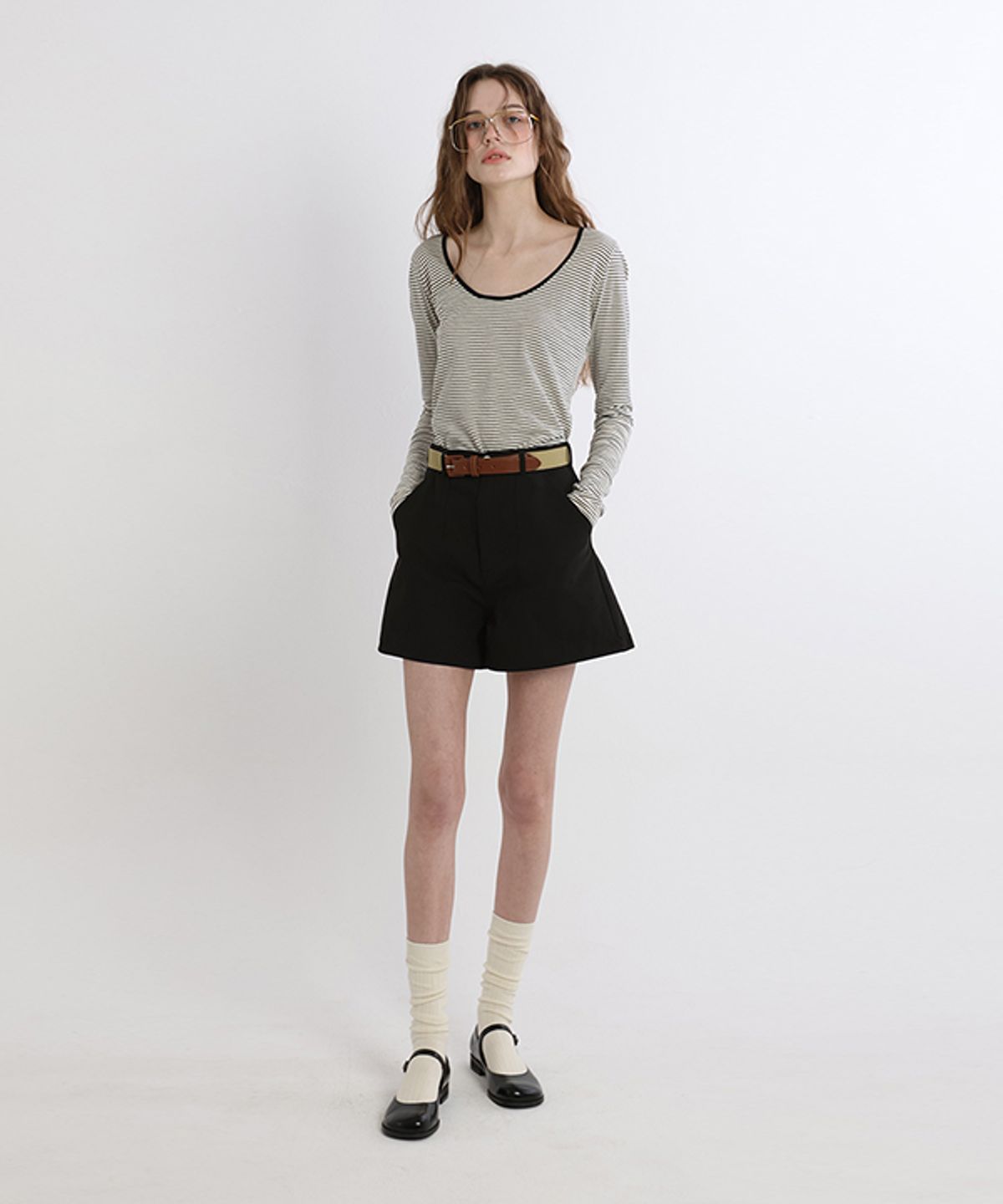 그린버터(GREENBUTTER) Washed Line Short_Belt set (Black)