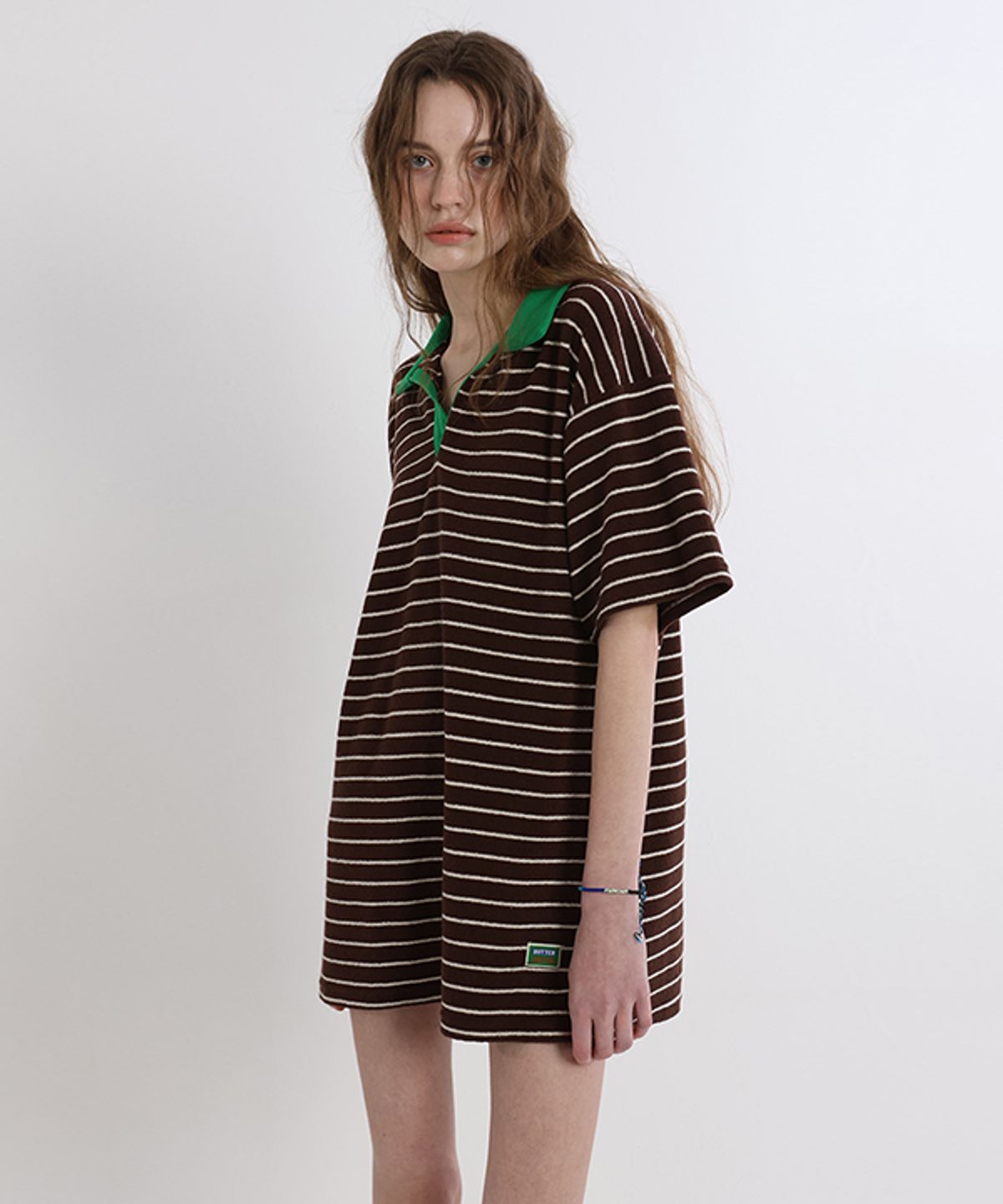 그린버터(GREENBUTTER) Terry Stripe Collar Dress (Brown/Green)