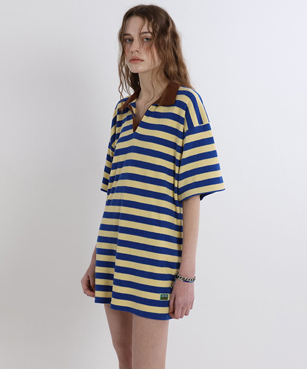 그린버터(GREENBUTTER) Terry Stripe Collar Dress (Blue/Brown)