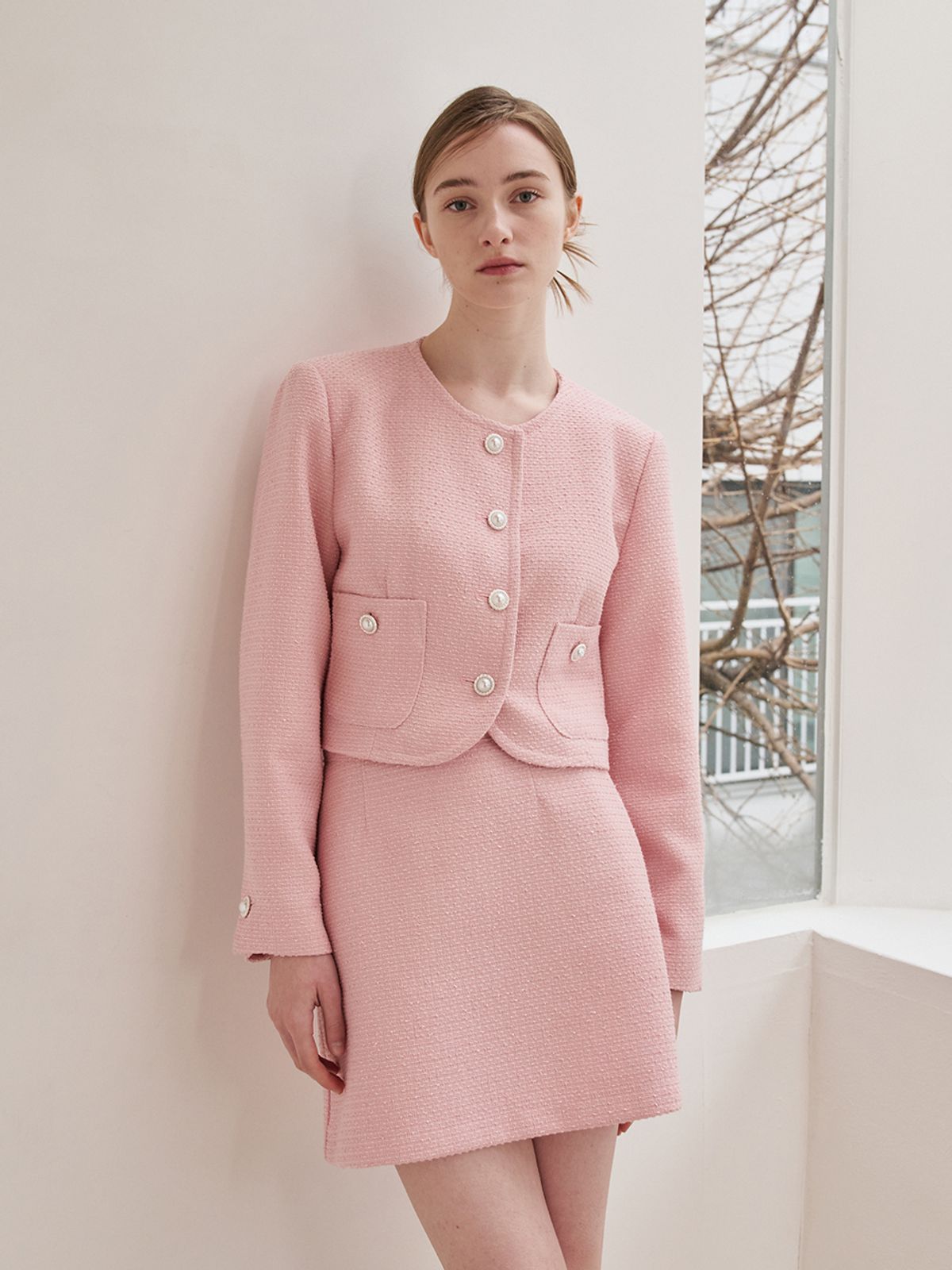 누브(NOUVE) Tweed Pearl Button Jacket - Pink