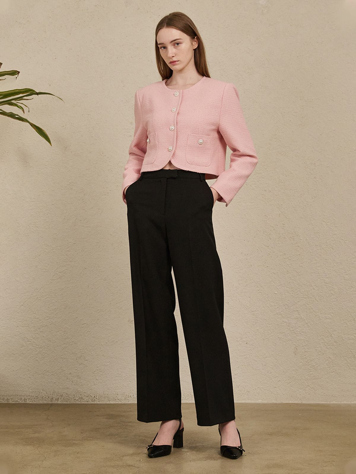 누브(NOUVE) Tweed Pearl Button Jacket - Pink