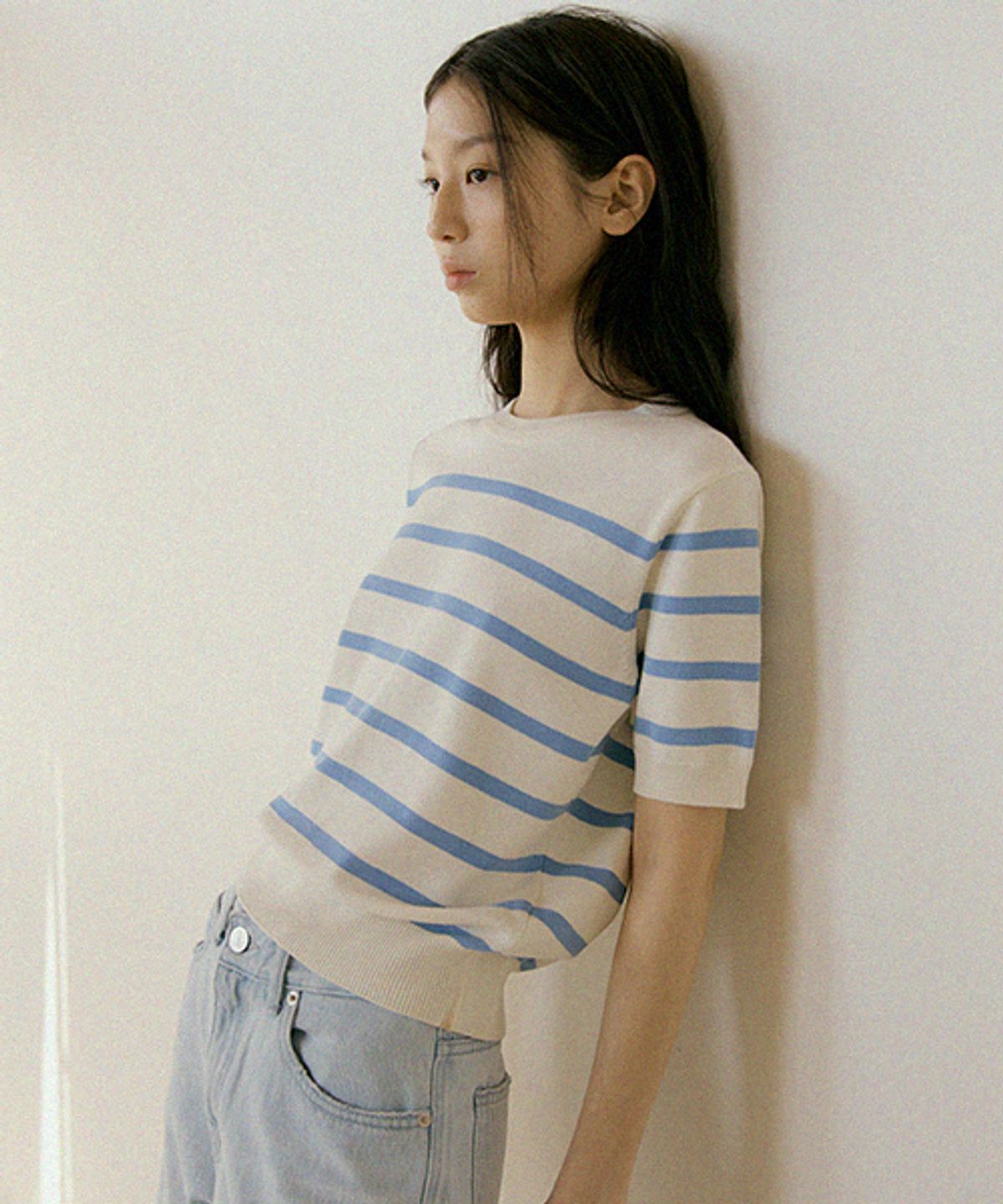 링서울(LINGSEOUL) stripe round knit top-ivory+sky