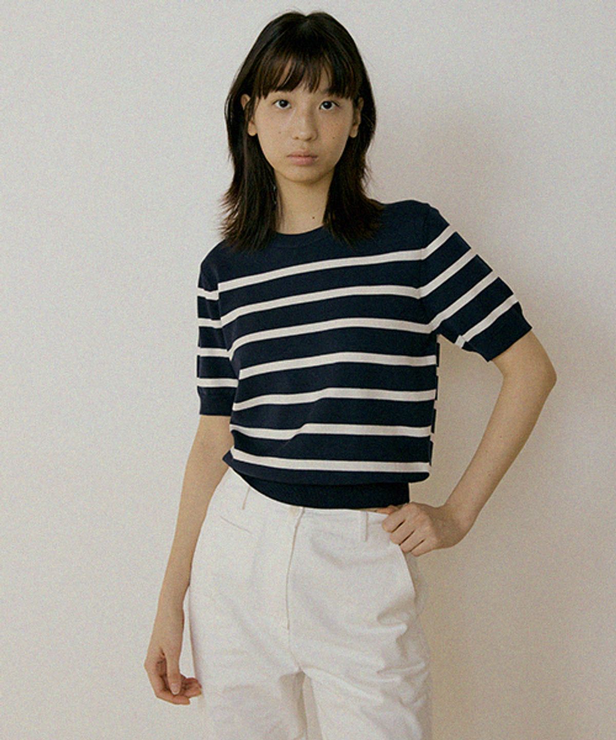 링서울(LINGSEOUL) stripe round knit top-navy+ivory