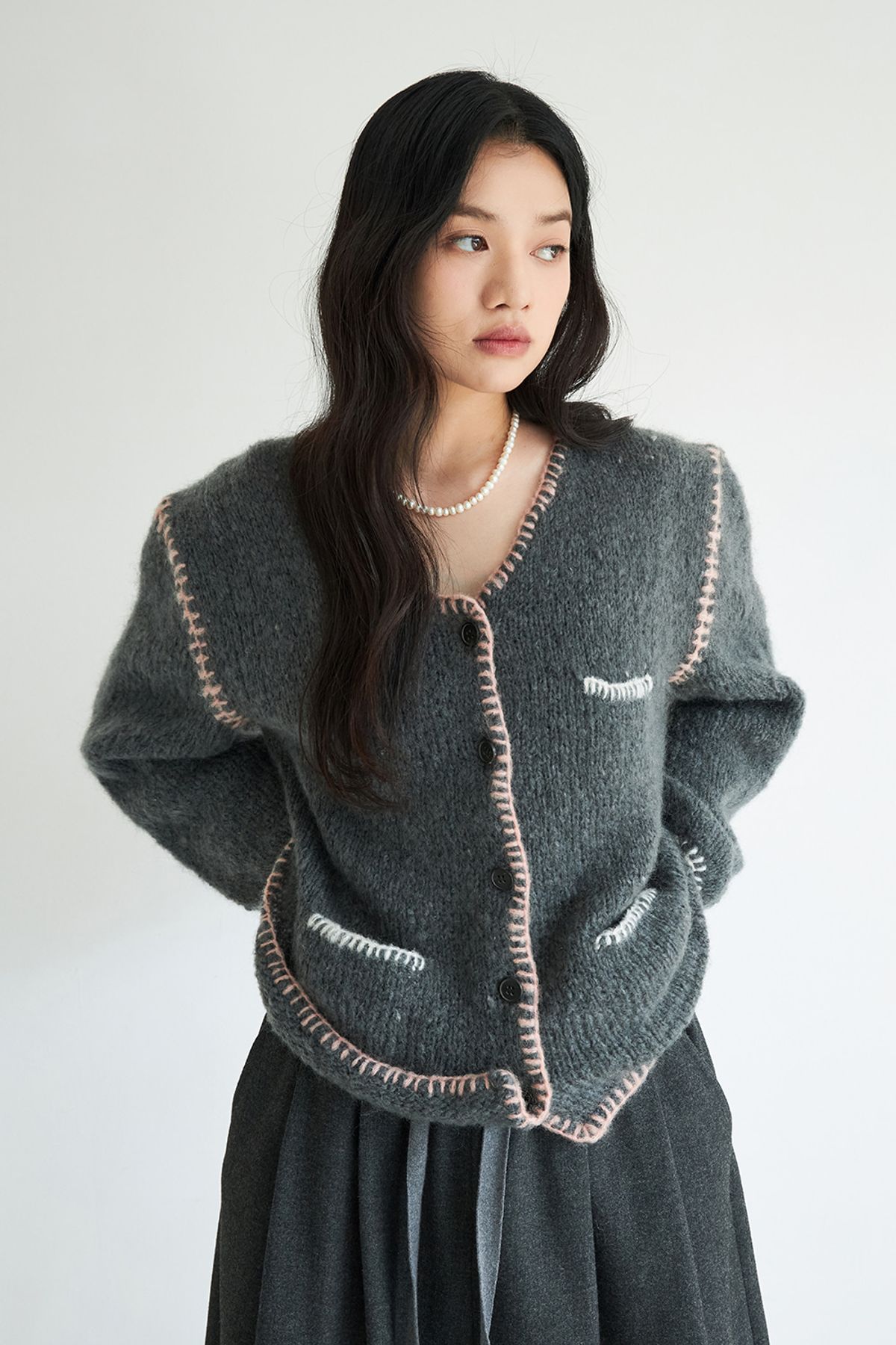 그루(GRU) 팝 스티치 가디건_그레이