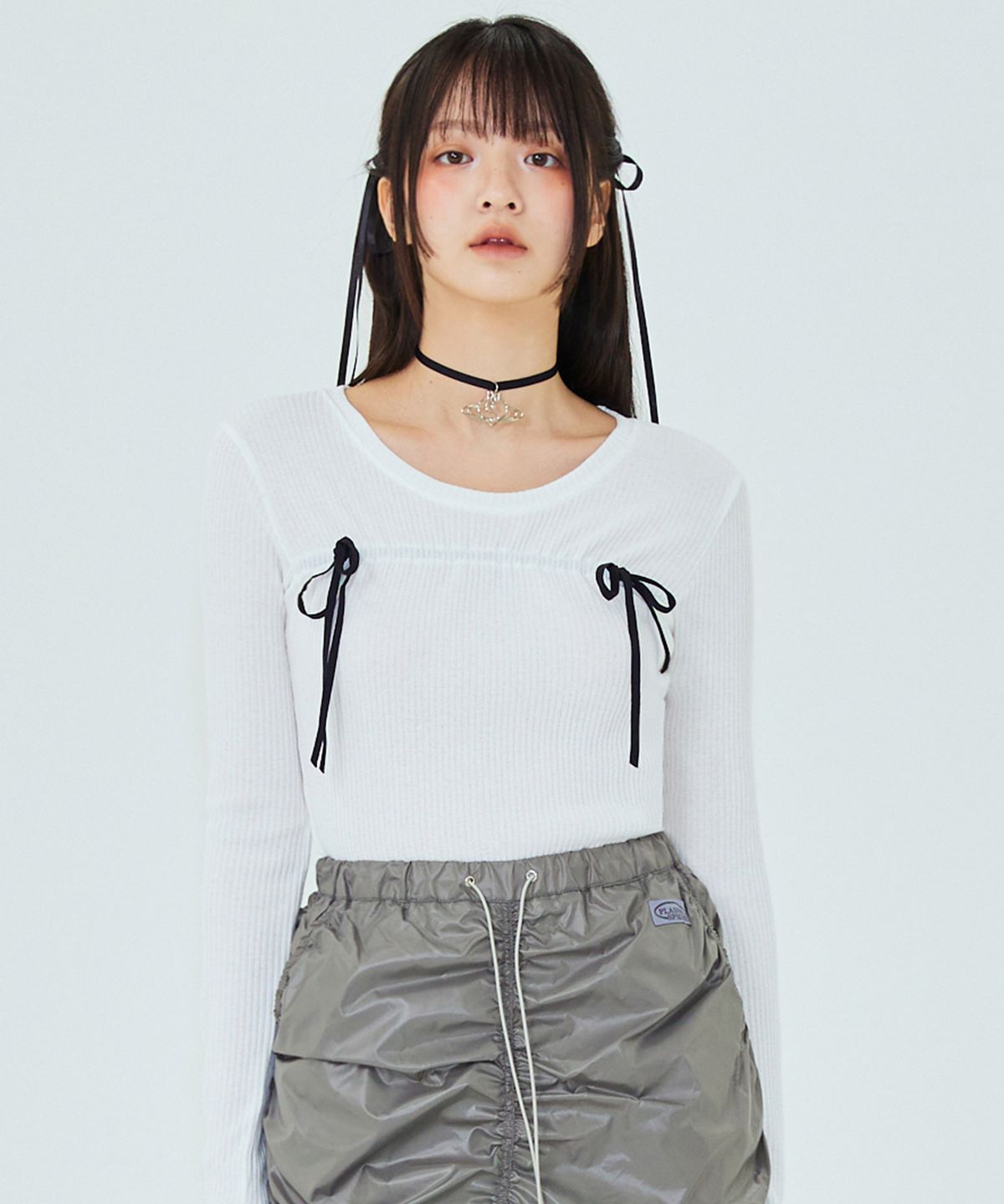 플라즈마스페어(PLASMA SPHERE) RIBBON T-SHIRT IN WHITE (리본 걸코어 티셔츠)