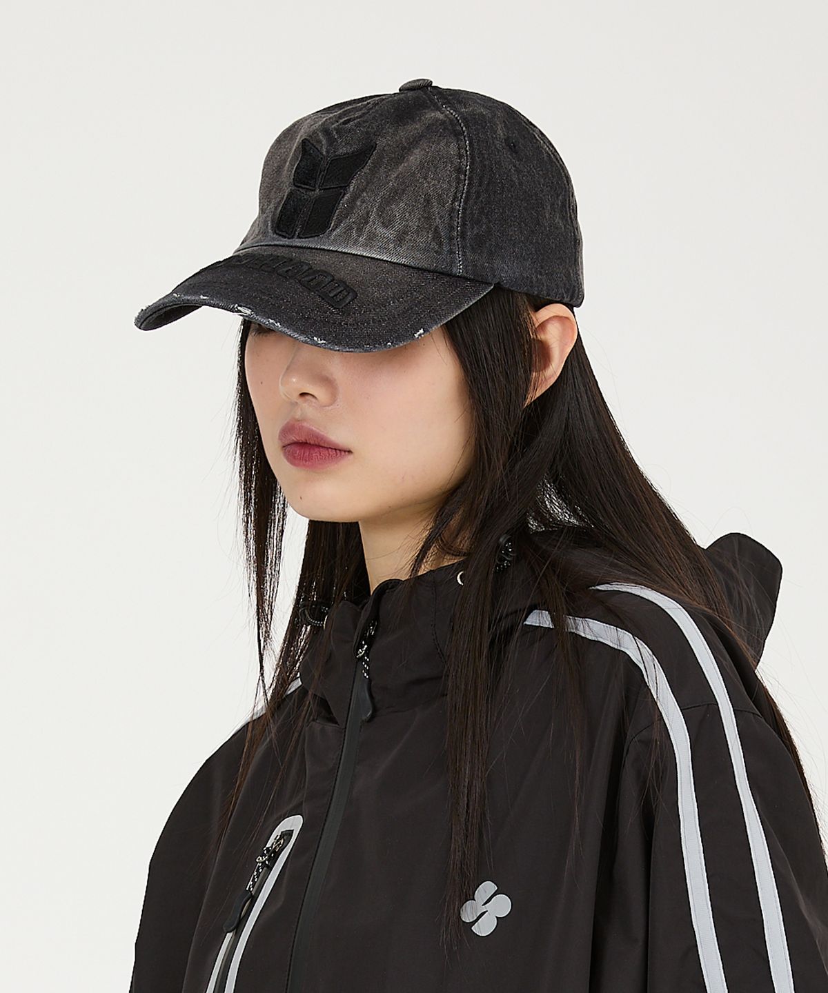 후드후드(HOODHOOD) 워시드 디스트로이드 데님 볼캡 블랙