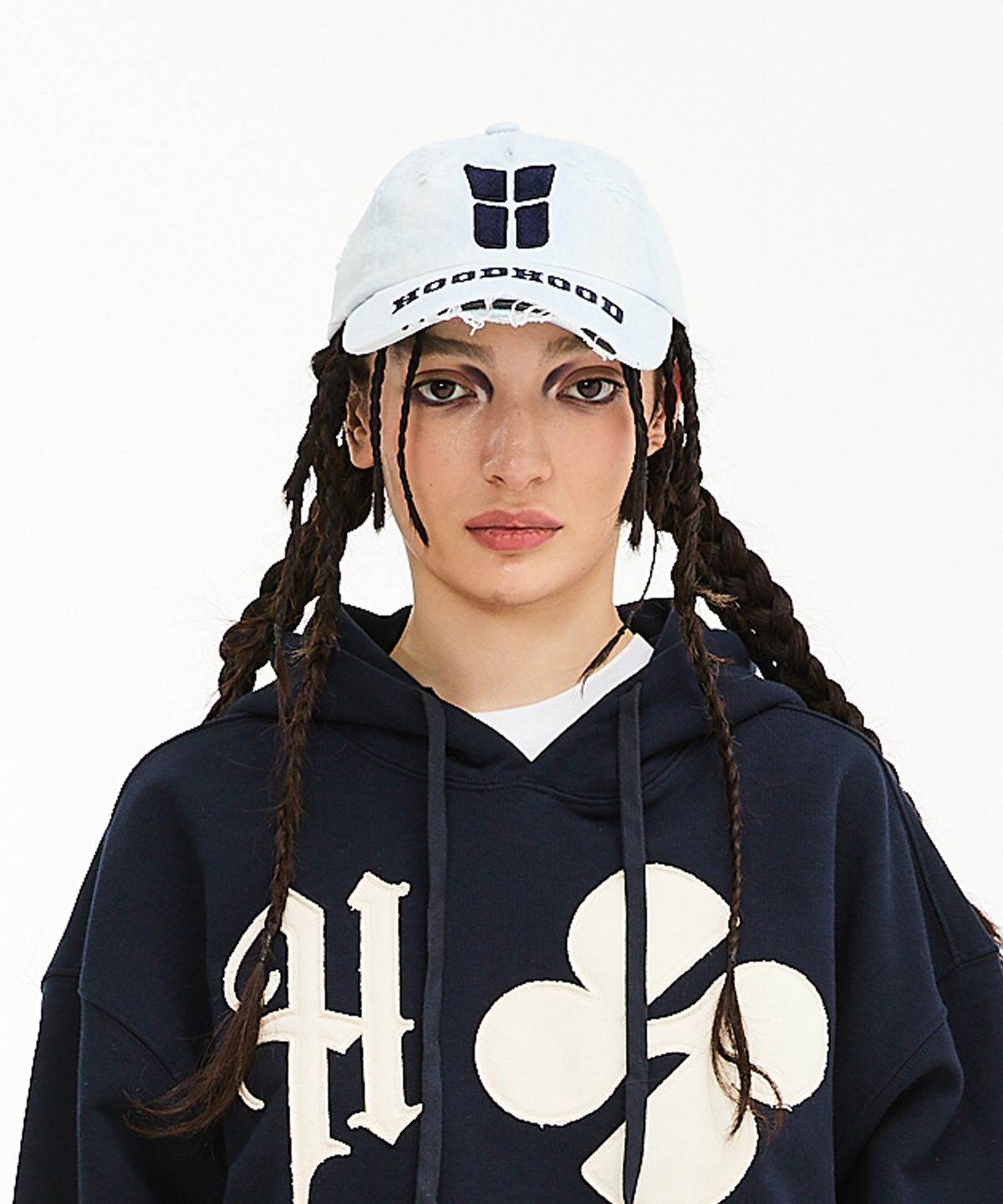 후드후드(HOODHOOD) 워시드 디스트로이드 데님 볼캡 라이트블루