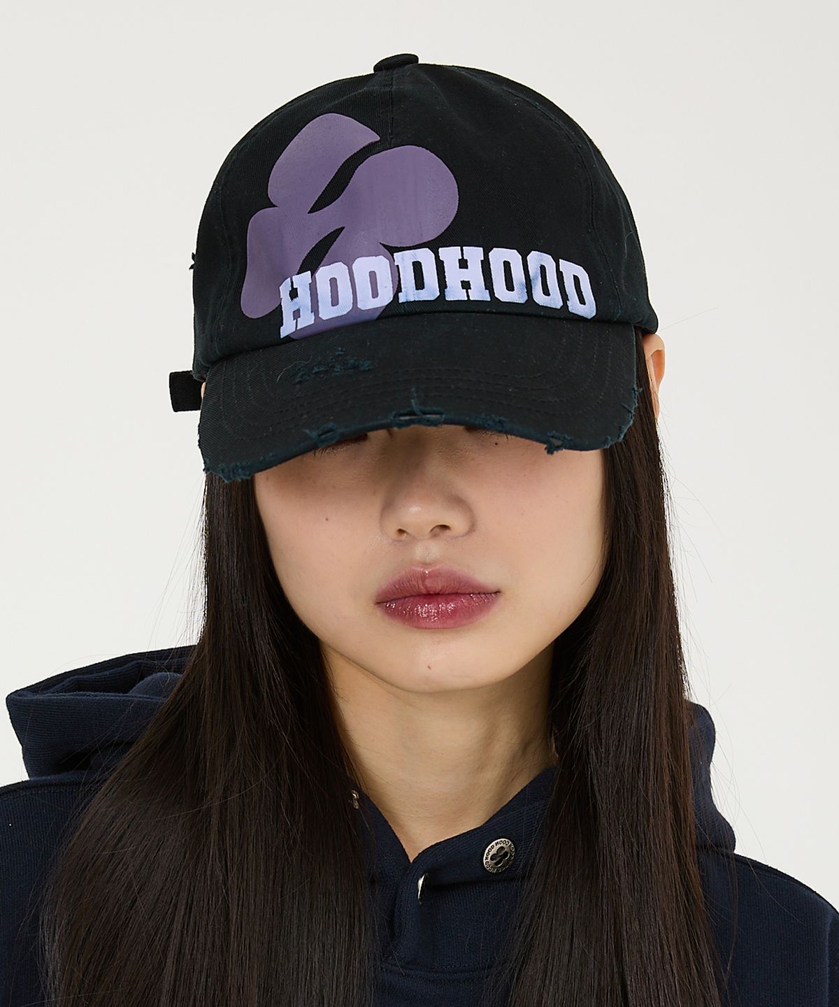 후드후드(HOODHOOD) 멀티 로고 디스트로이드 볼캡 블랙