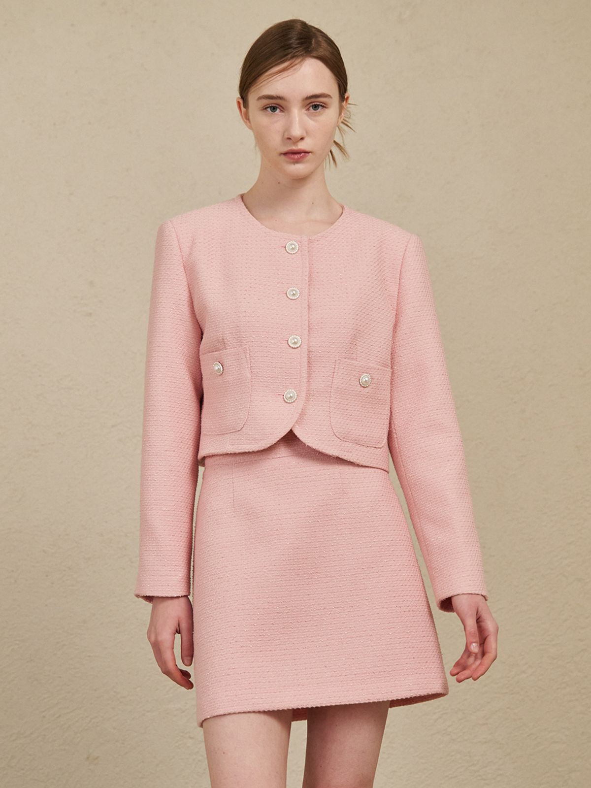 누브(NOUVE) [SET]Tweed Pearl Button Jacket Set Up -Pink