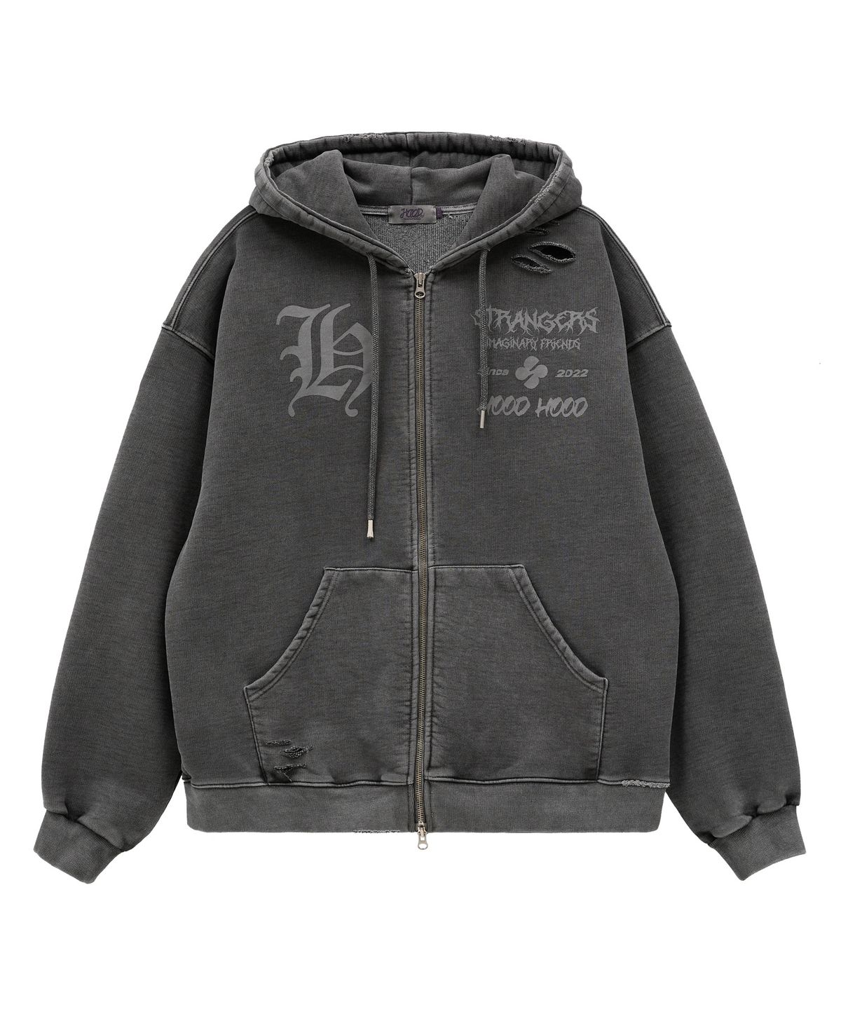 후드후드(HOODHOOD) 피그먼트 데미지 후드 집업 차콜