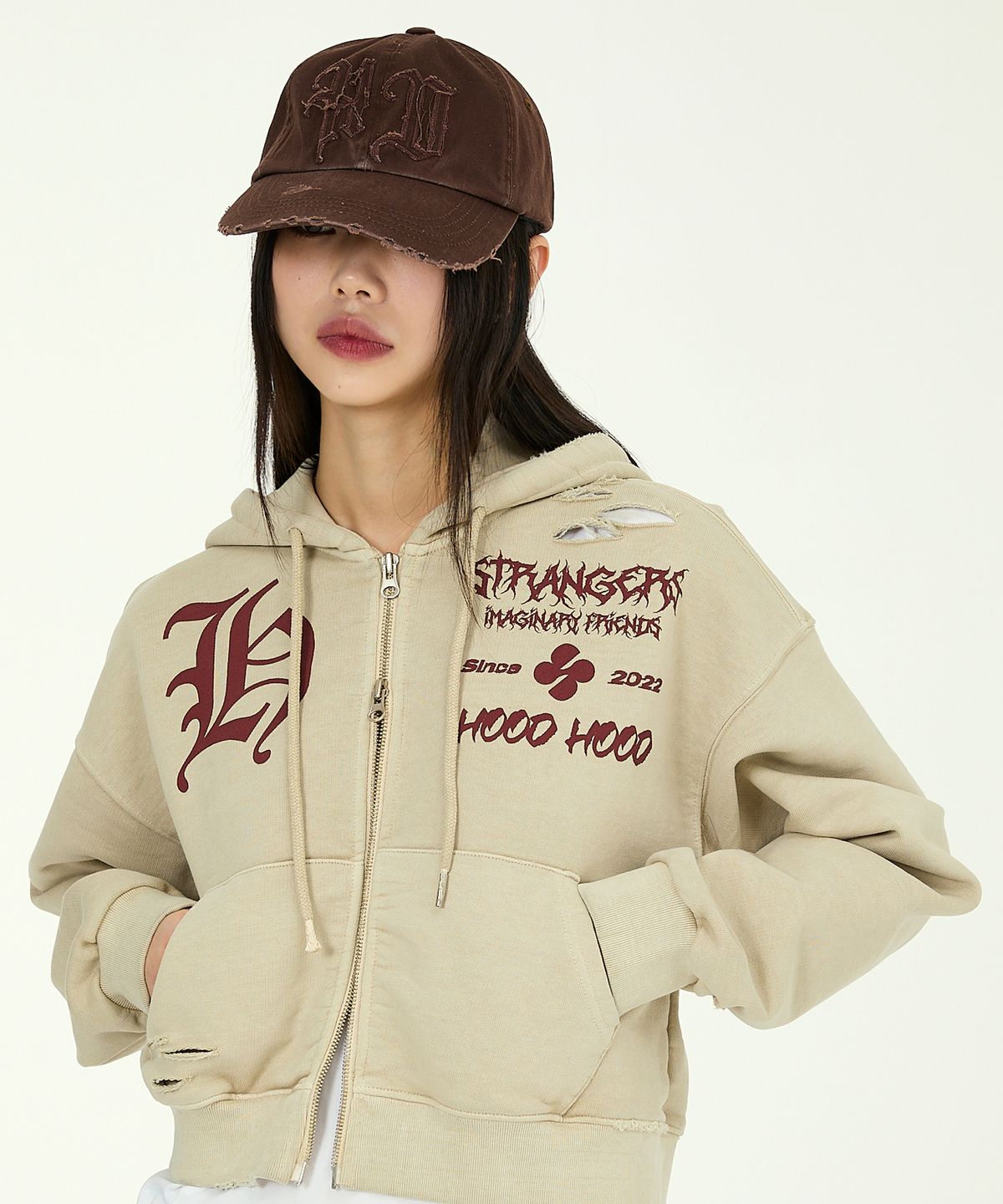 후드후드(HOODHOOD) 피그먼트 데미지 크롭 후드 집업 샌드베이지
