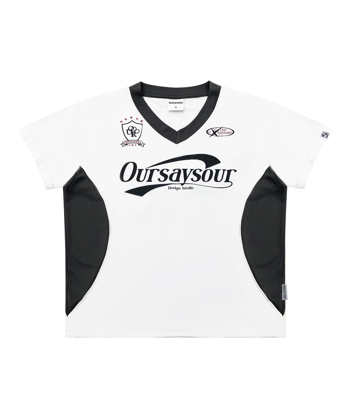 아워세이아워(OURSAYSOUR) 스포티 절개 배색 파이핑 반팔티셔츠 화이트/챠콜
