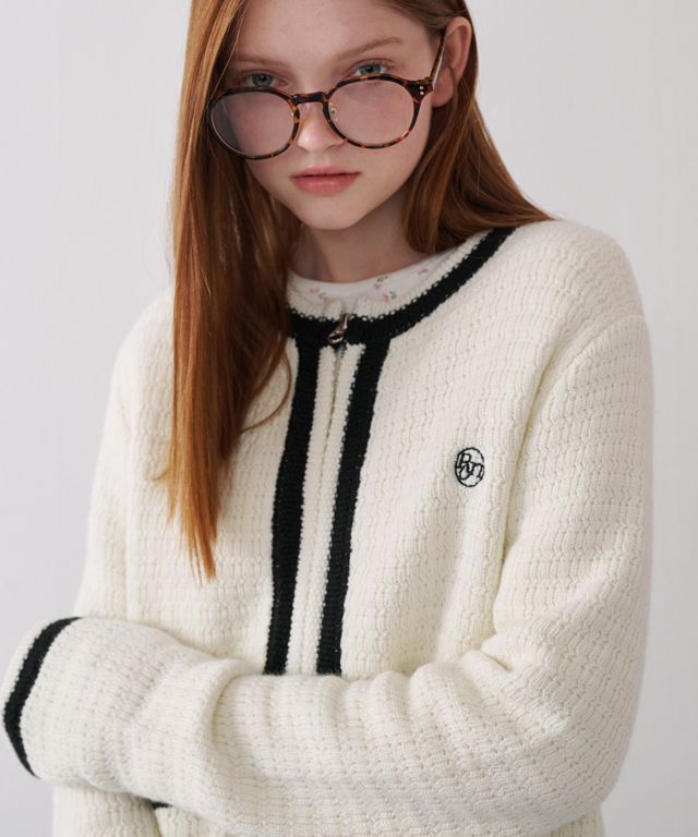 【RONRON】LINE DETAIL TWEED KNIT CARDIGAN IVORY★関税込★ MUSINSA | RONRON TWEED LINE KNIT ZIP UP CARDIGAN IVORY BLACK