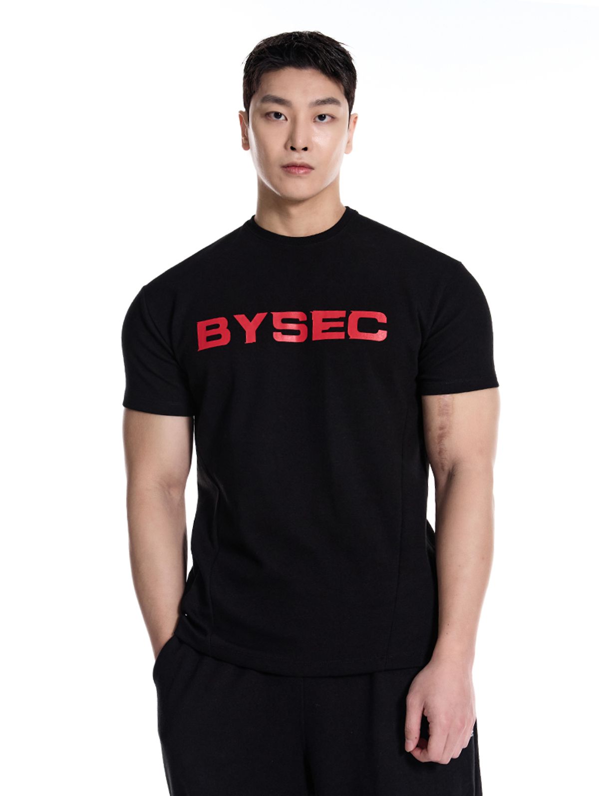 바이젝(BYSEC) 퍼펙트 특양면 레드로고 머슬핏 반팔 티셔츠_2Color