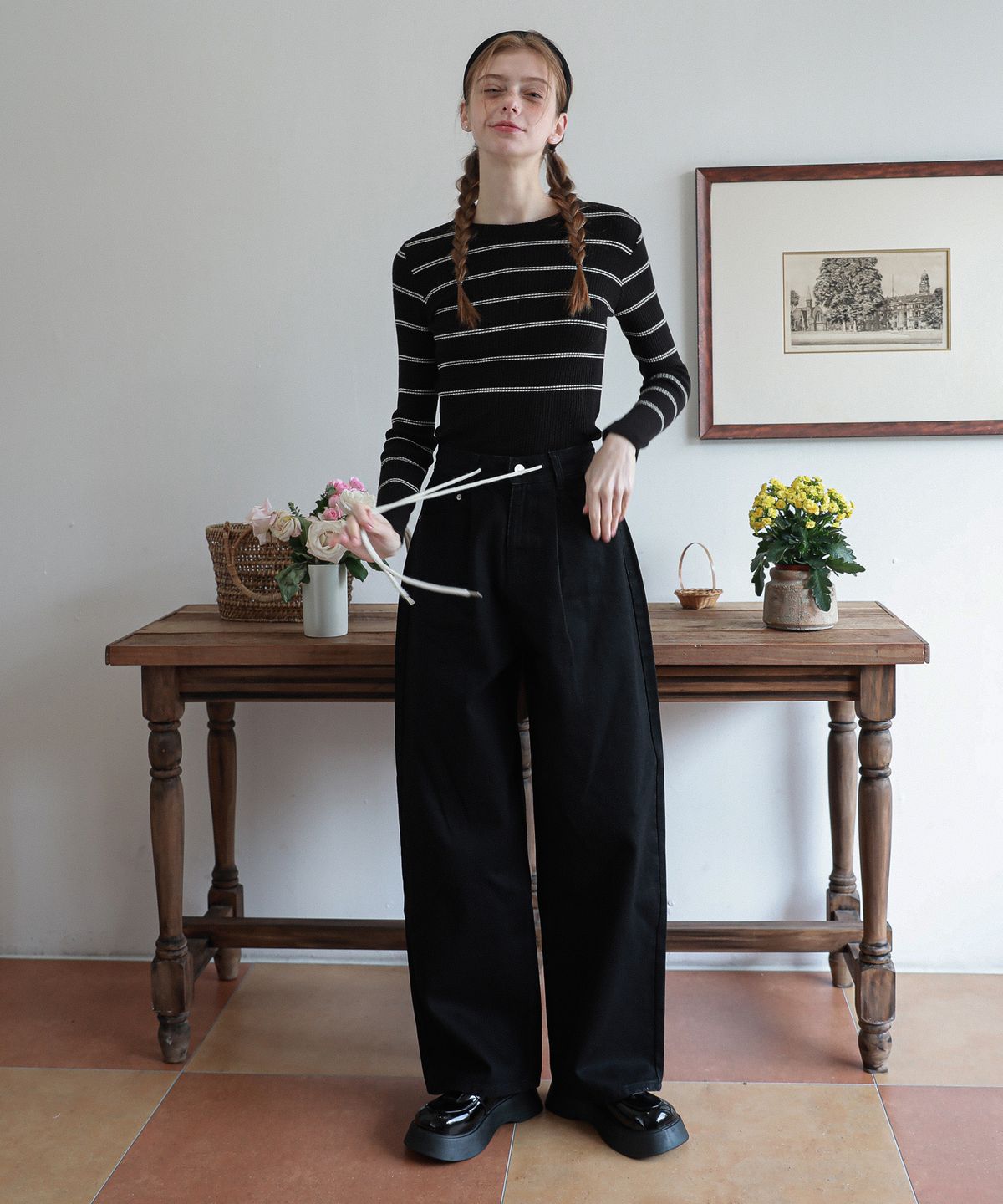 로시로우(LOSSYROW) Wide string denim pants Black