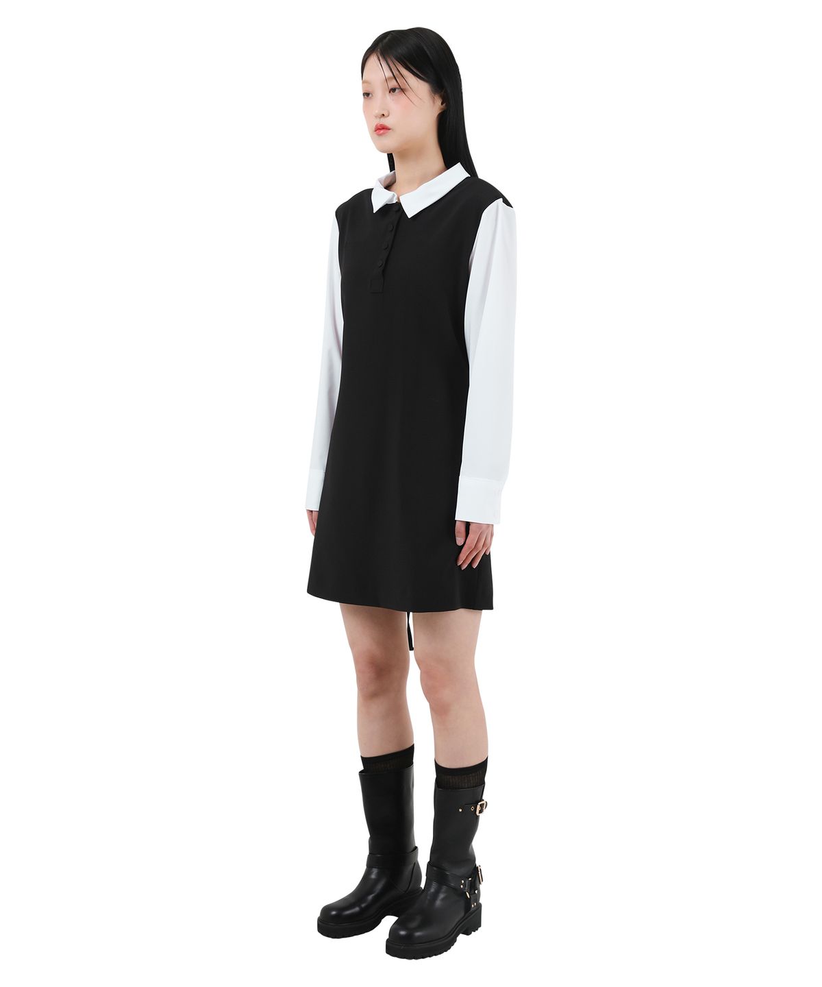 카타르시스(KATHARSIS) 배색 코르셋 카라 원피스 블랙 ONE SIZE