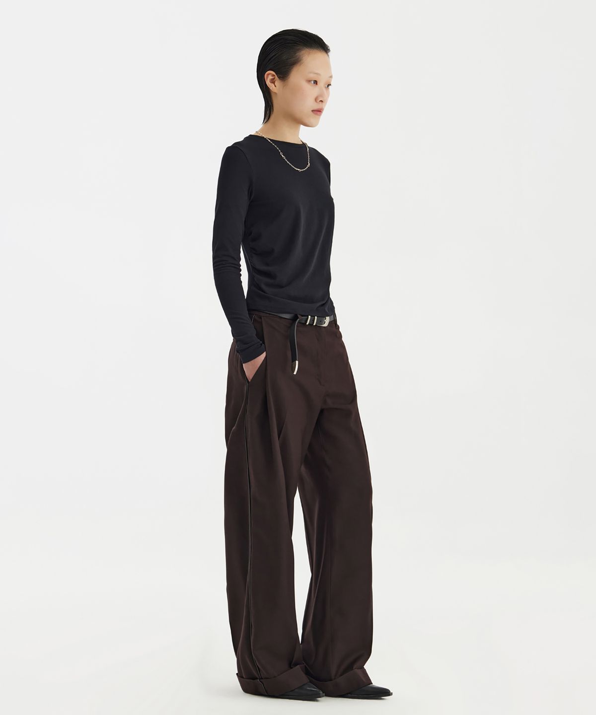 유스(YOUTH) Shirring L/S T-Shirt - Black