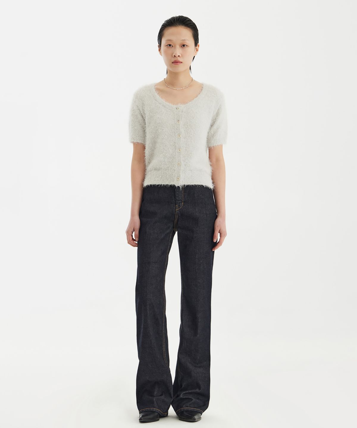 유스(YOUTH) Scoop-Neck H/S Knit Cardigan - Light Grey