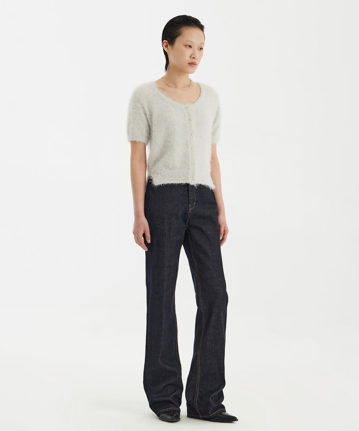 유스(YOUTH) Scoop-Neck H/S Knit Cardigan - Light Grey