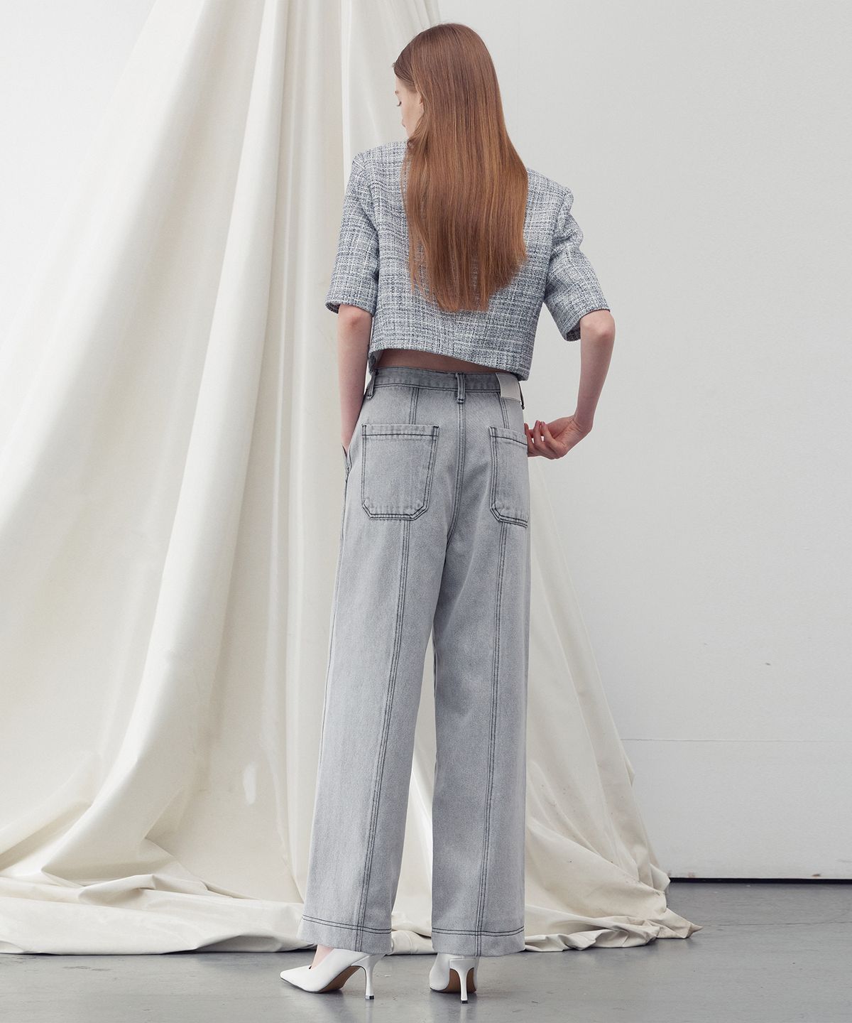 리이(RE RHEE) WASHED DENIM STRAIGHT LEG PANTS