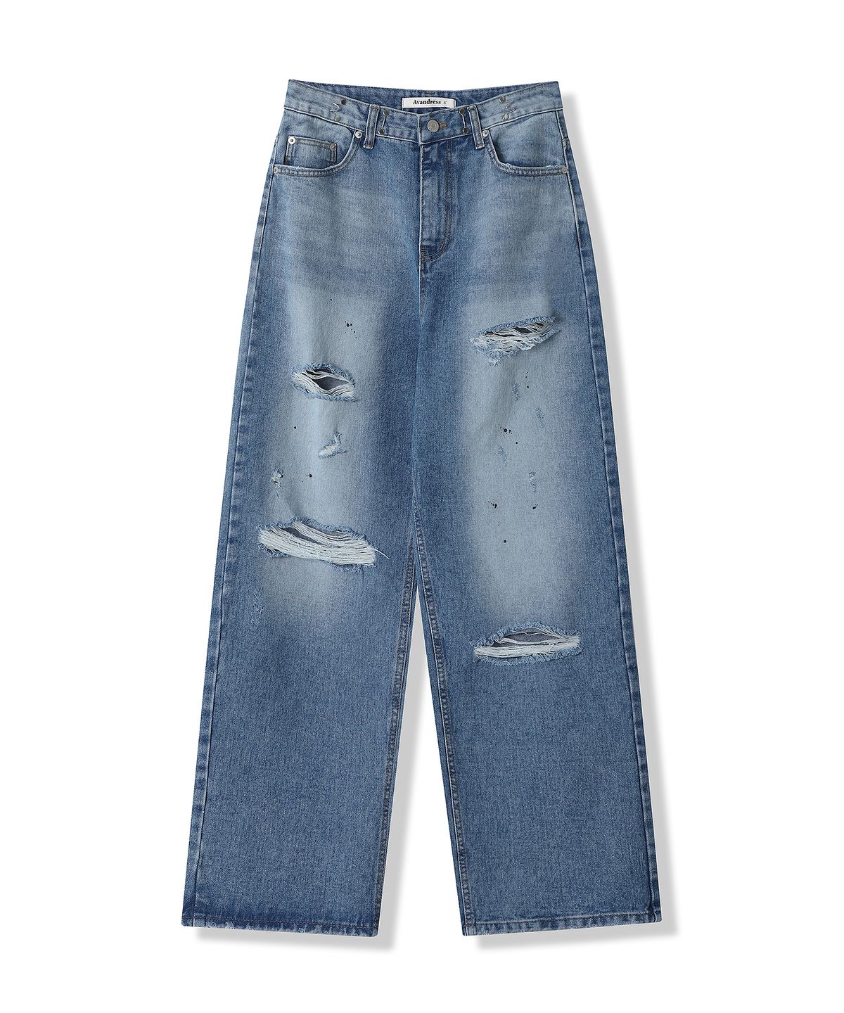 어반드레스(AVANDRESS) BUCKLE PAINTING DESTROYED DENIM PANTS BLUE