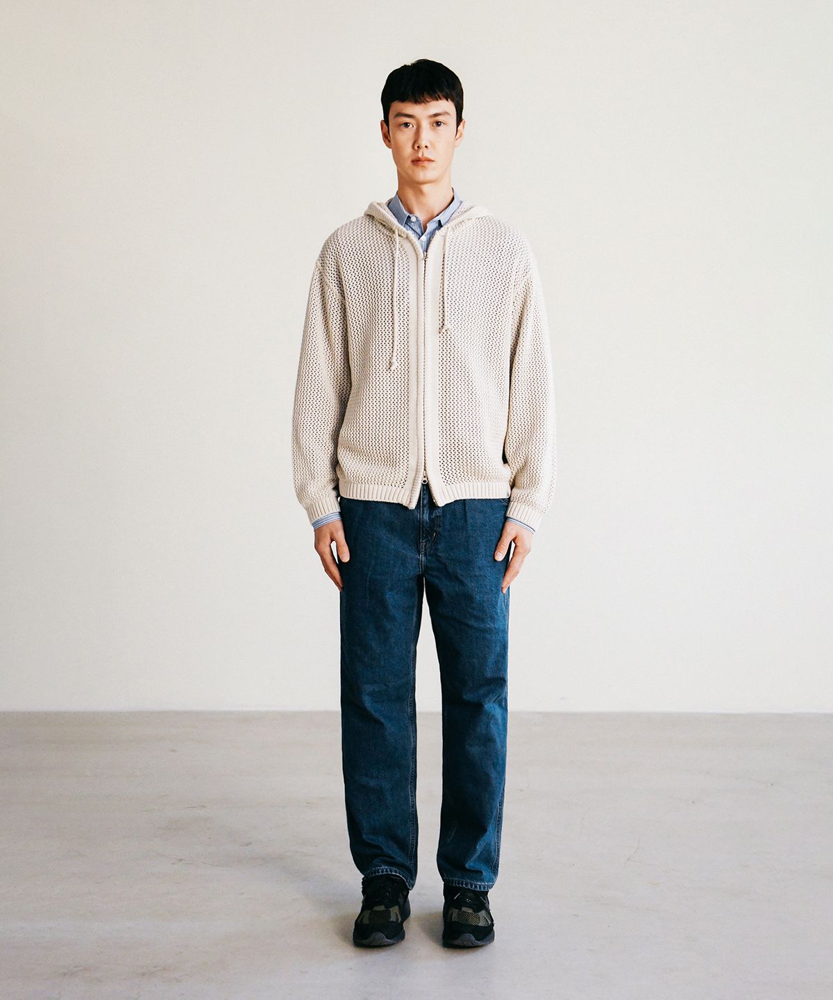 예일(YALE) MESHED HOODIE KNIT ZIP-UP GREEN BEIGE