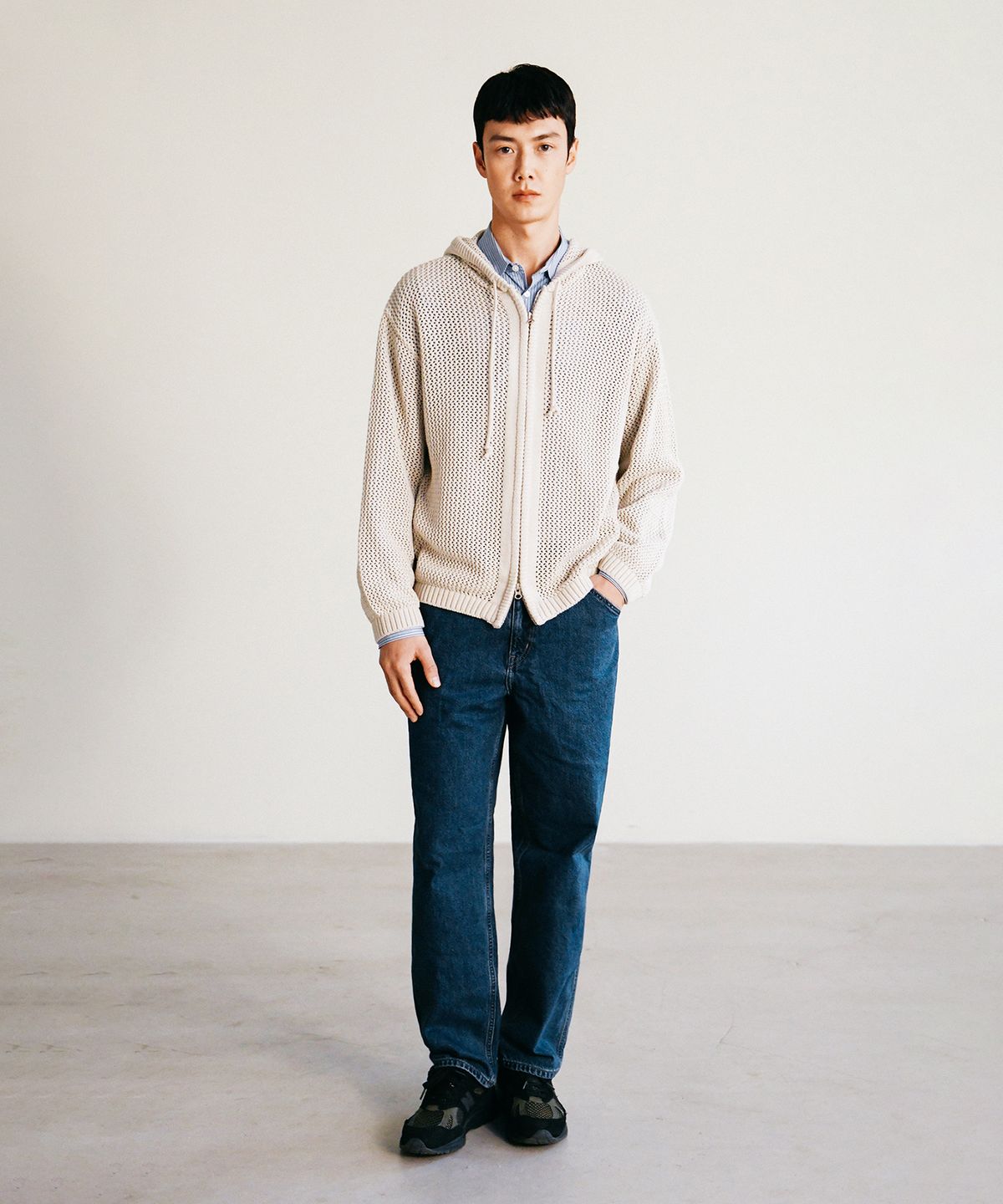 예일(YALE) MESHED HOODIE KNIT ZIP-UP GREEN BEIGE