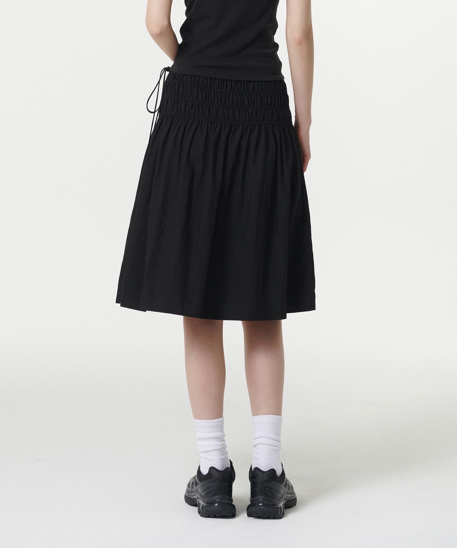 スカート Siyazu SIST9048 Shirring Banding Golji Long Skirt_Black Ruched Mesh Maxi Skirt | Unison Label