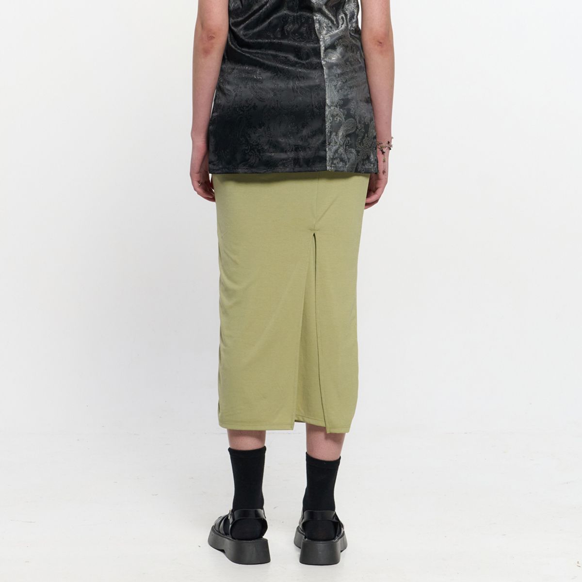 킴지수(KIMZISU) Shirring Layered Slit Skirt _ OLIVE GREEN