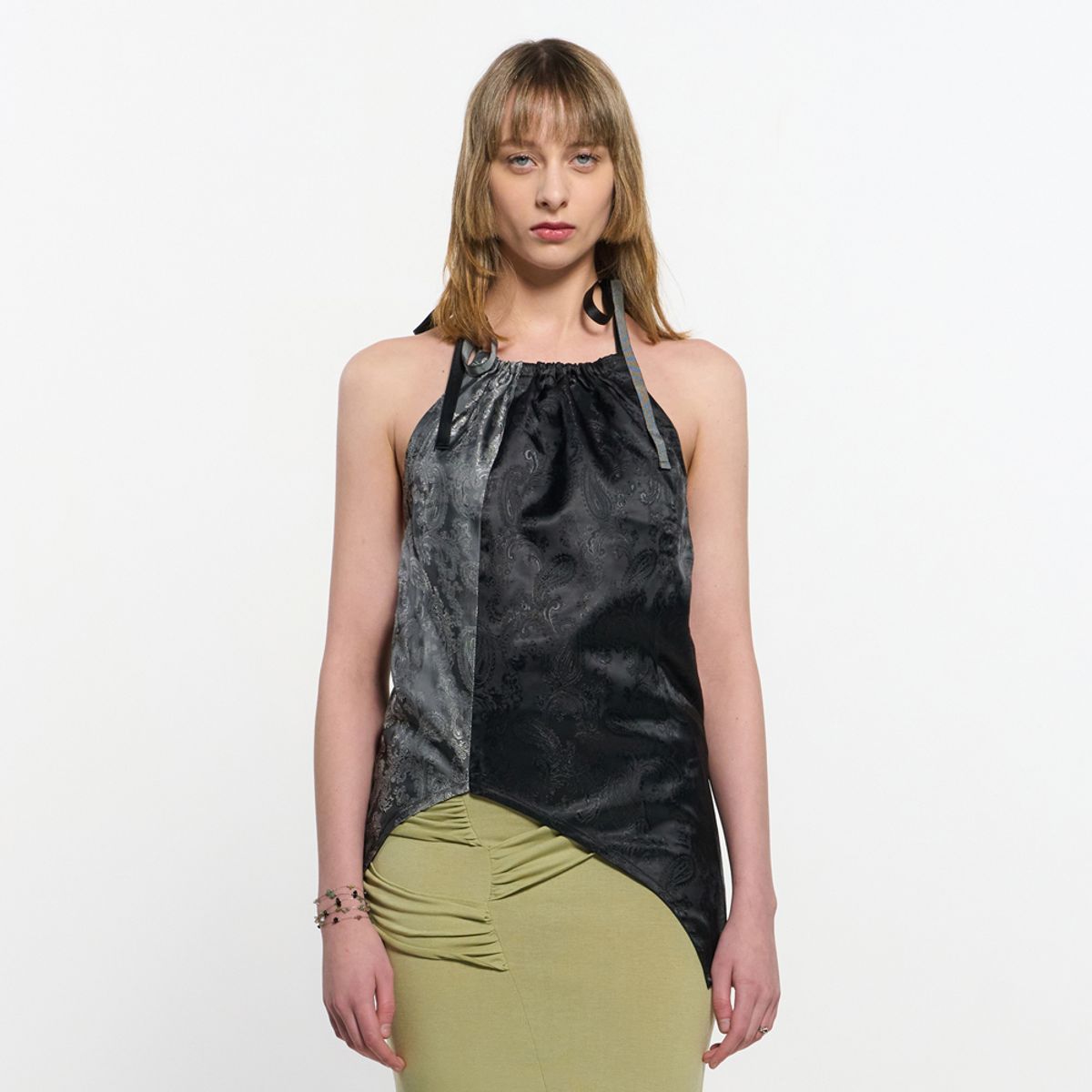 킴지수(KIMZISU) Two Tone Ribbon Paisely Halter-neck Top _ BLACK