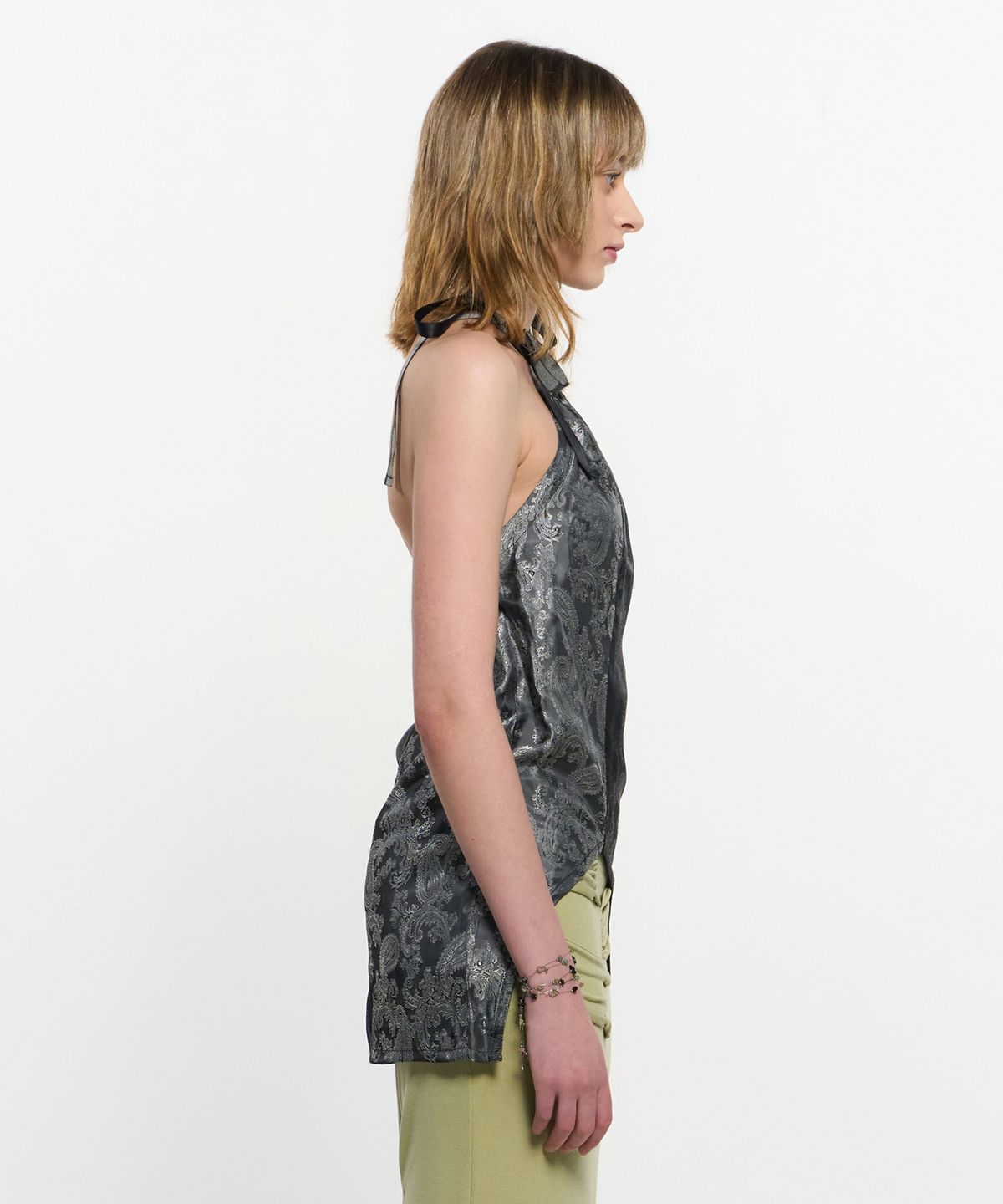 킴지수(KIMZISU) Two Tone Ribbon Paisely Halter-neck Top _ BLACK