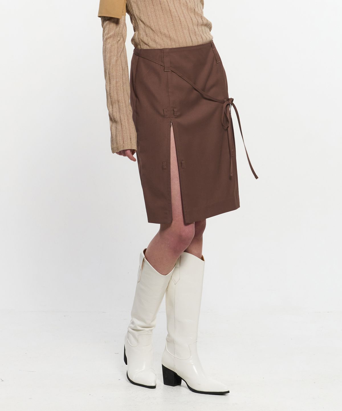 킴지수(KIMZISU) Ribbon Tied Slit Skirt _ BROWN