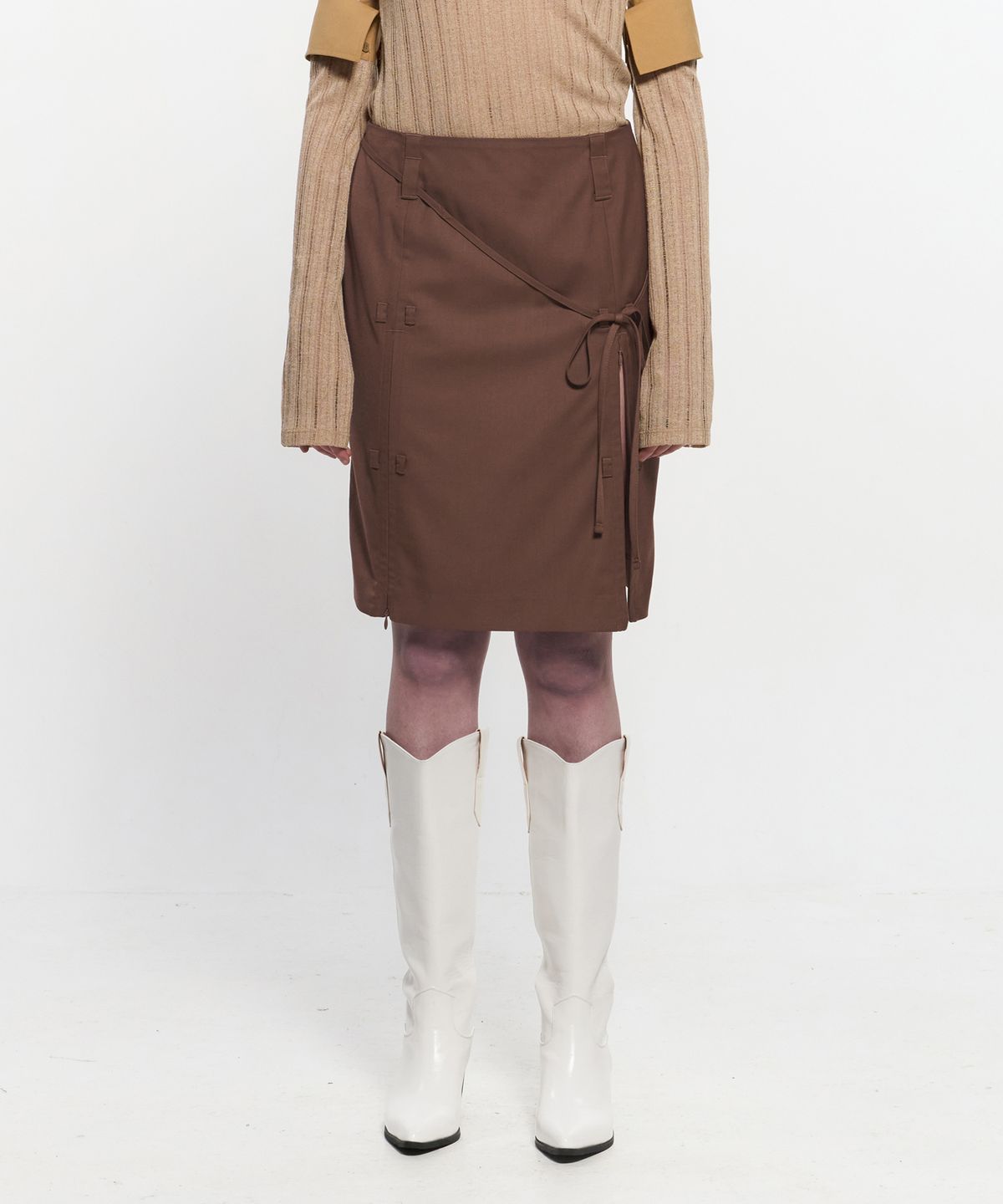 킴지수(KIMZISU) Ribbon Tied Slit Skirt _ BROWN