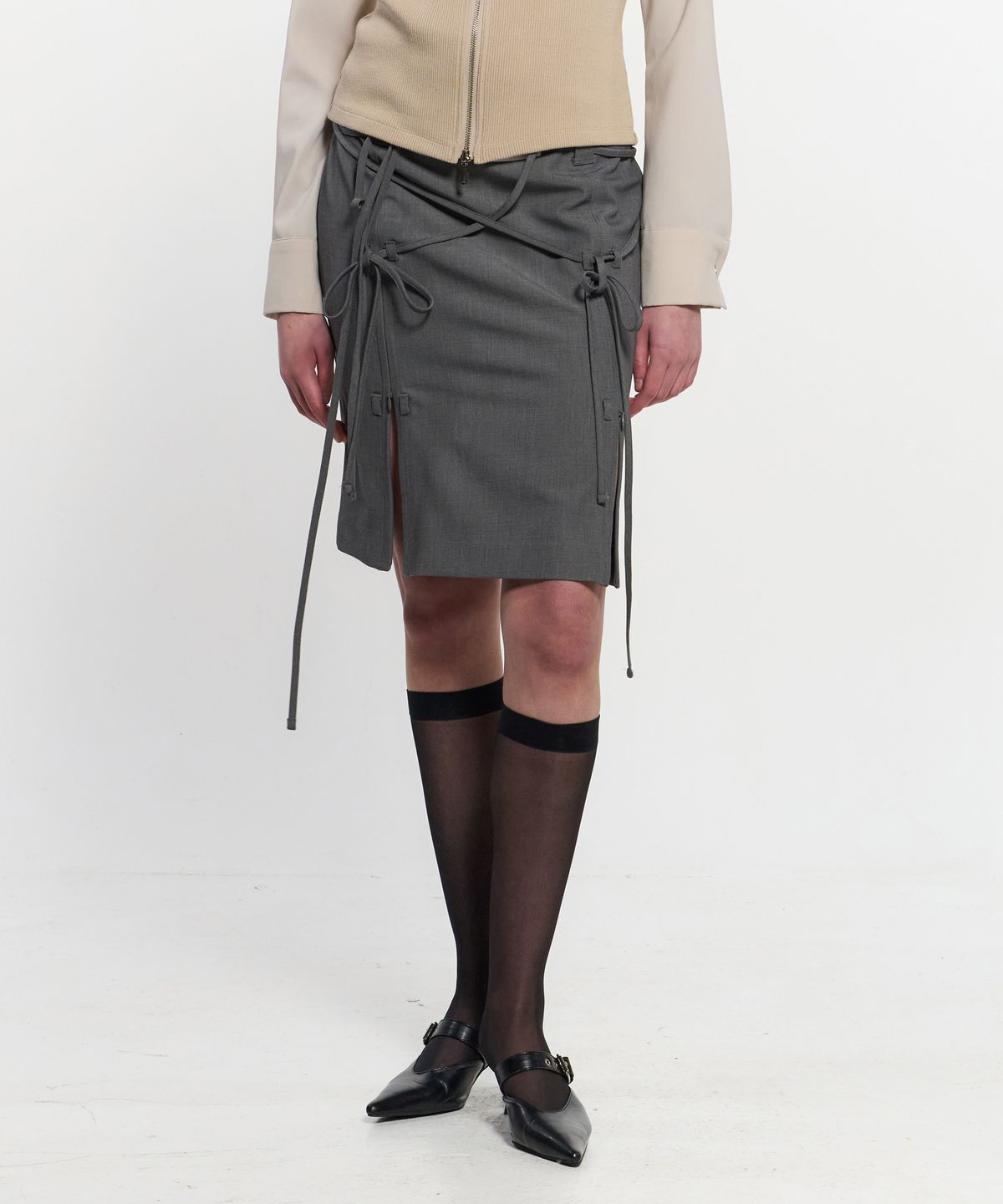 킴지수(KIMZISU) Ribbon Tied Slit Skirt _ GREY