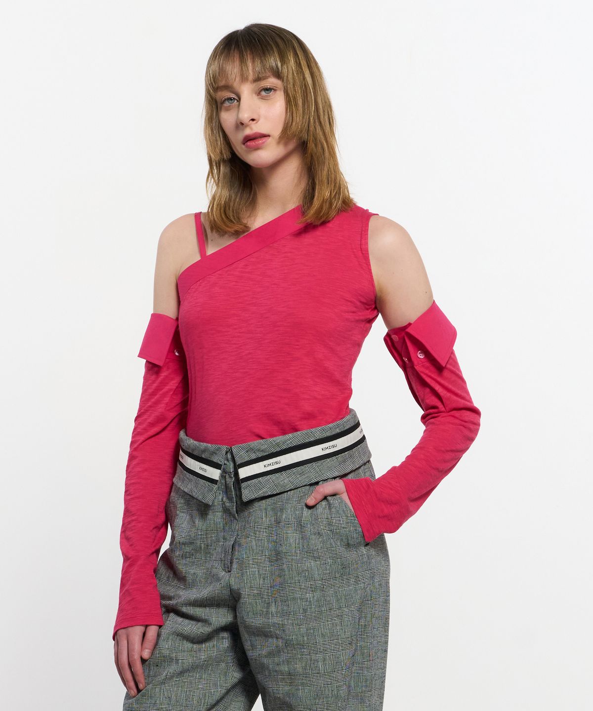 킴지수(KIMZISU) Detachable Sleeve One Shoulder Top _ PINK