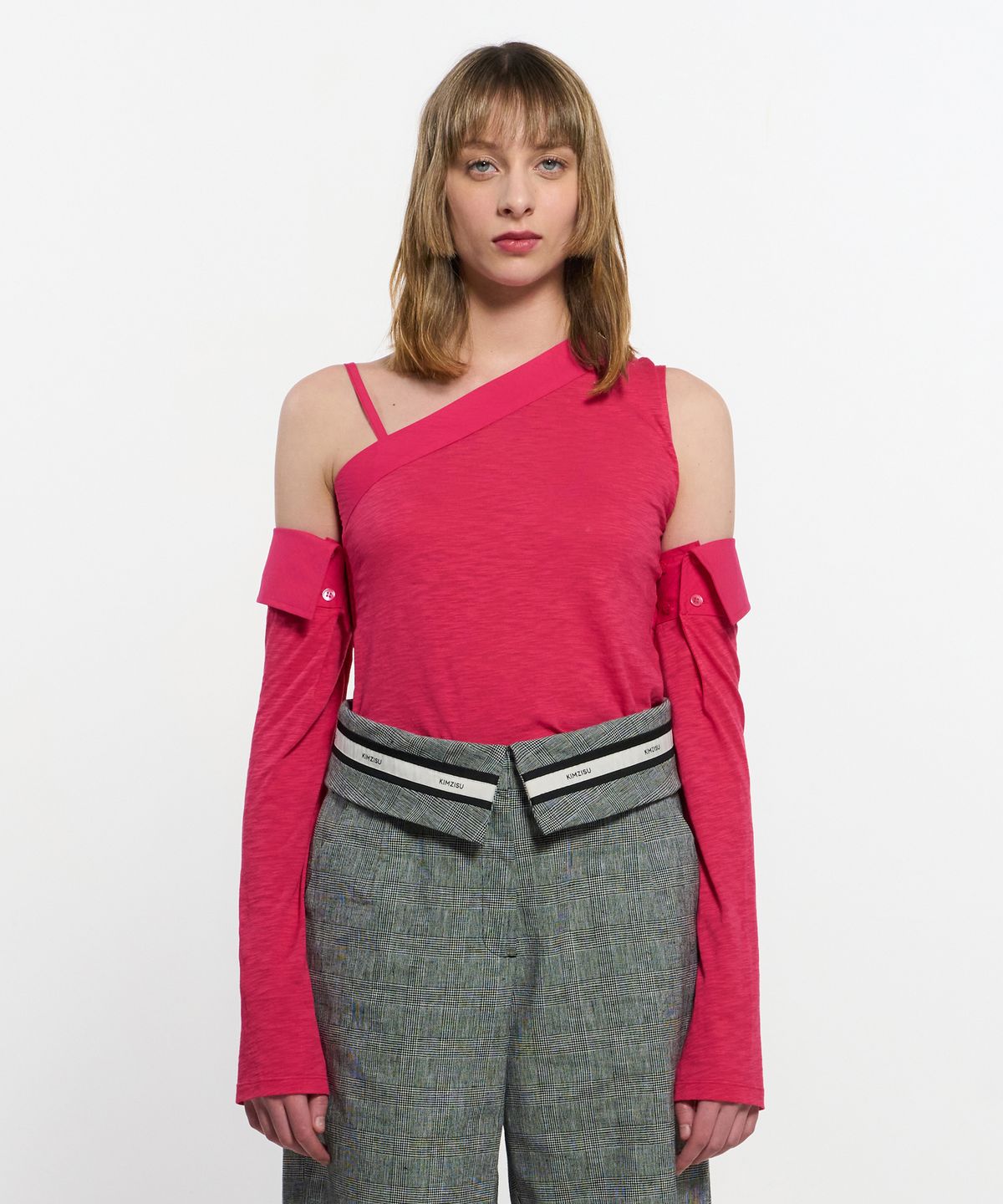 킴지수(KIMZISU) Detachable Sleeve One Shoulder Top _ PINK