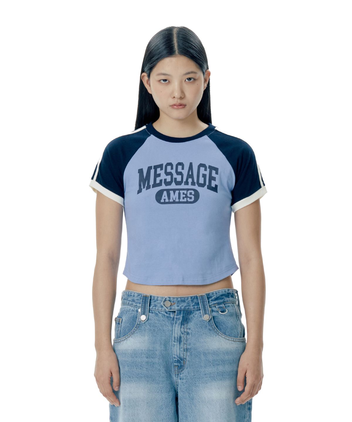 아메스 월드와이드(AMES-WORLDWIDE) LINE TAPE RAGLAN RINGER TEE BLUE (AM2EMUT506A)