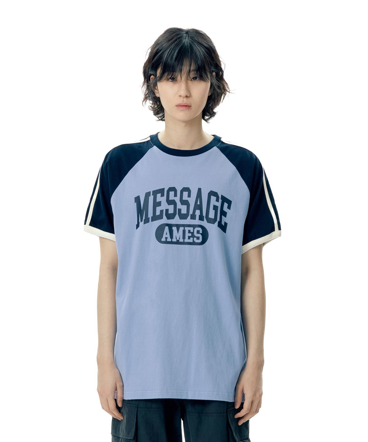 아메스 월드와이드(AMES-WORLDWIDE) LINE TAPE RAGLAN RINGER TEE BLUE (AM2EMUT506A)