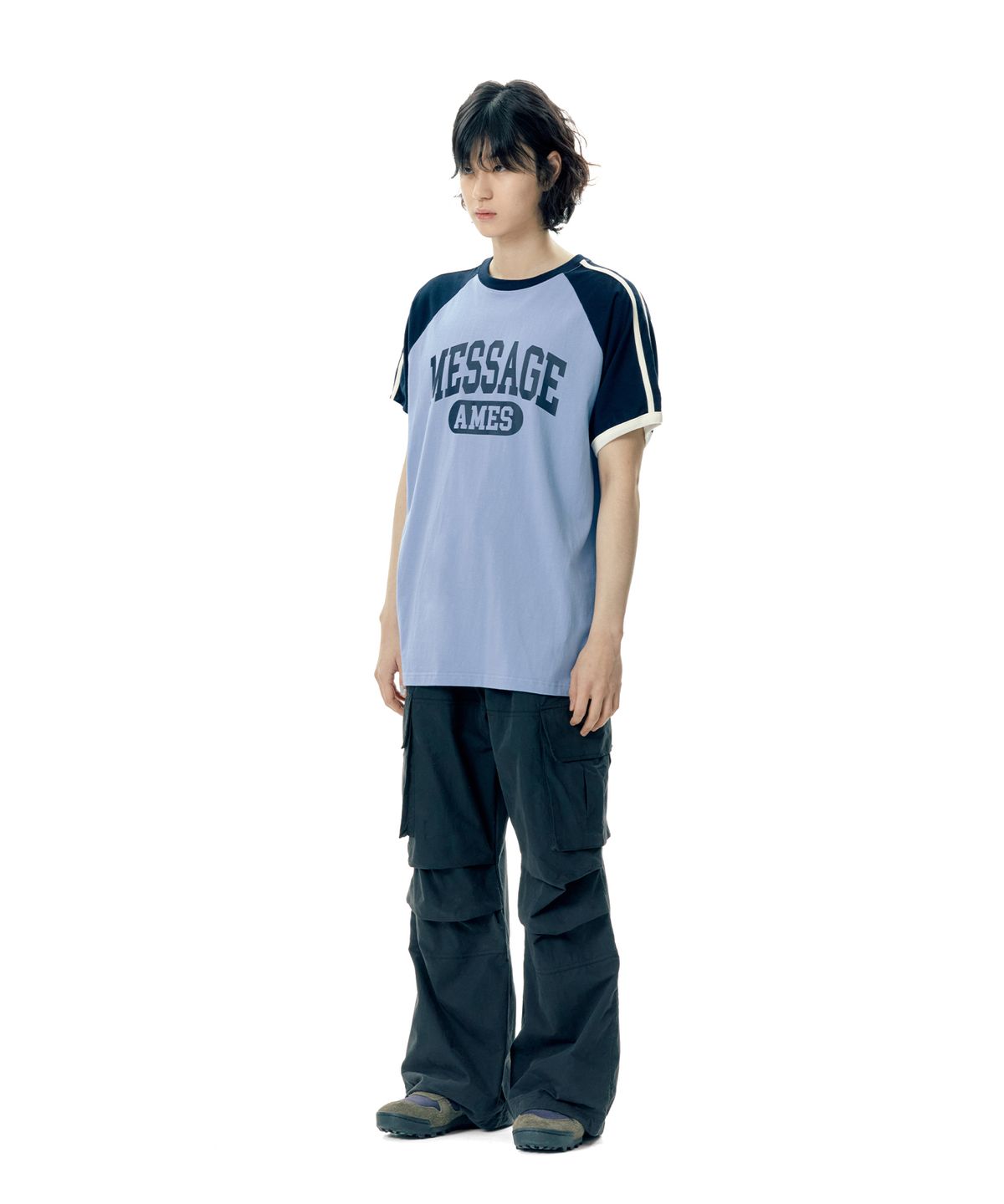 아메스 월드와이드(AMES-WORLDWIDE) LINE TAPE RAGLAN RINGER TEE BLUE (AM2EMUT506A)