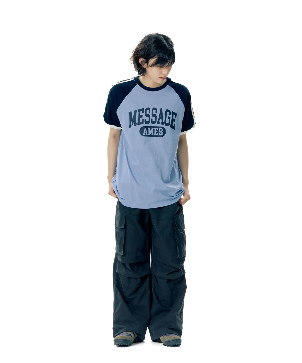 아메스 월드와이드(AMES-WORLDWIDE) LINE TAPE RAGLAN RINGER TEE BLUE (AM2EMUT506A)