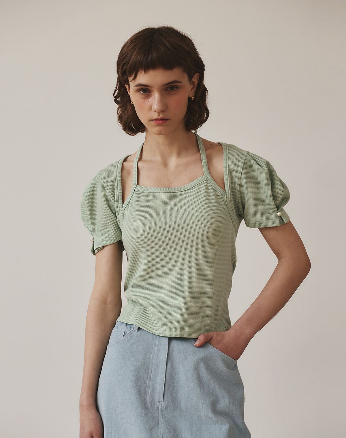 지에마르(GIEMAR) NECK POINT TEE  IVORY,GREEN,PINK,BLACK