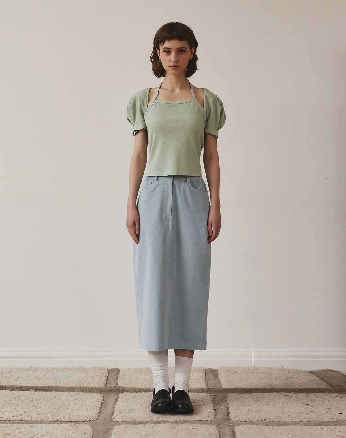 지에마르(GIEMAR) NECK POINT TEE  IVORY,GREEN,PINK,BLACK