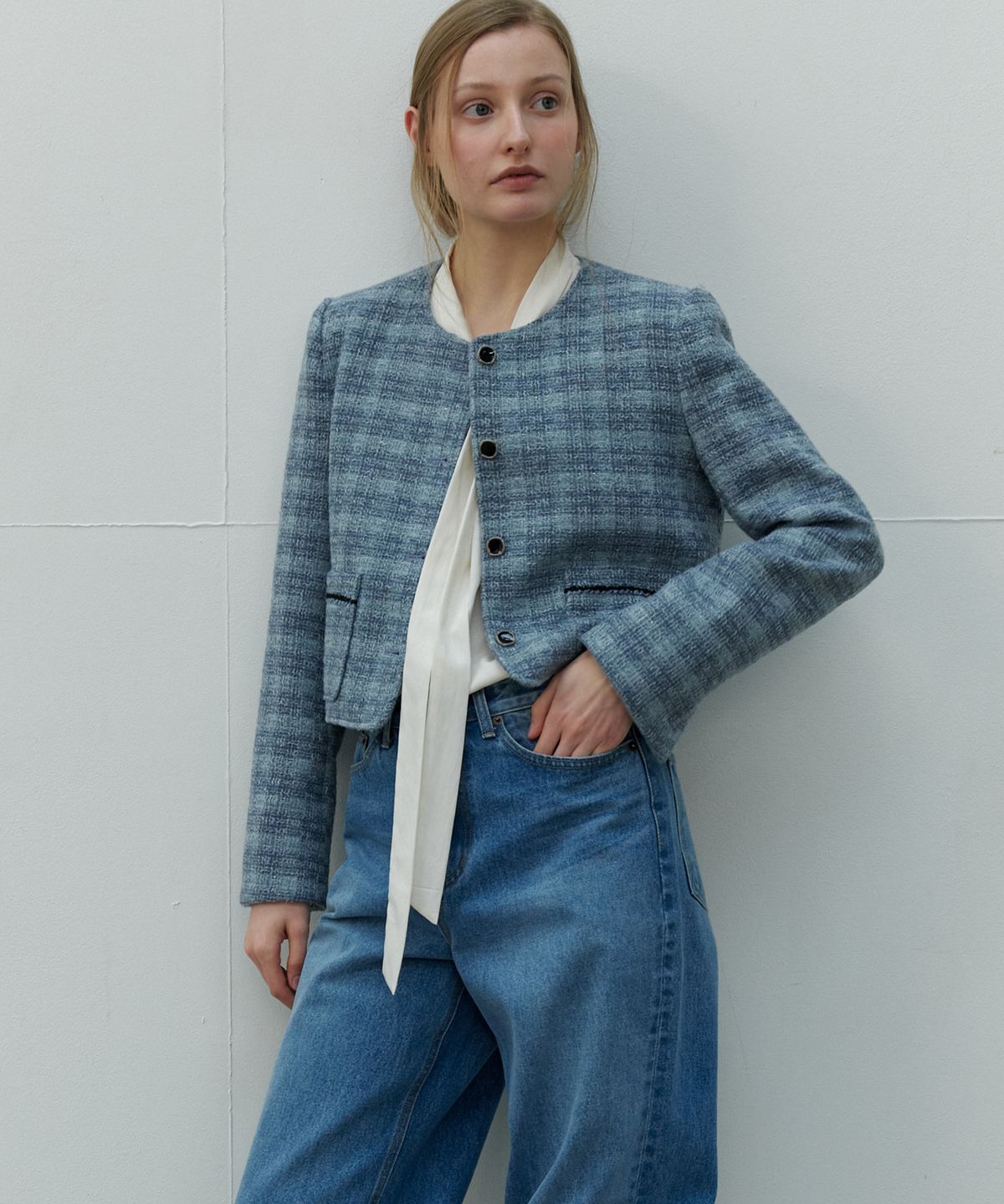 쏘이르(SO IR) TWEED CROP JACKET - SKYBLUE