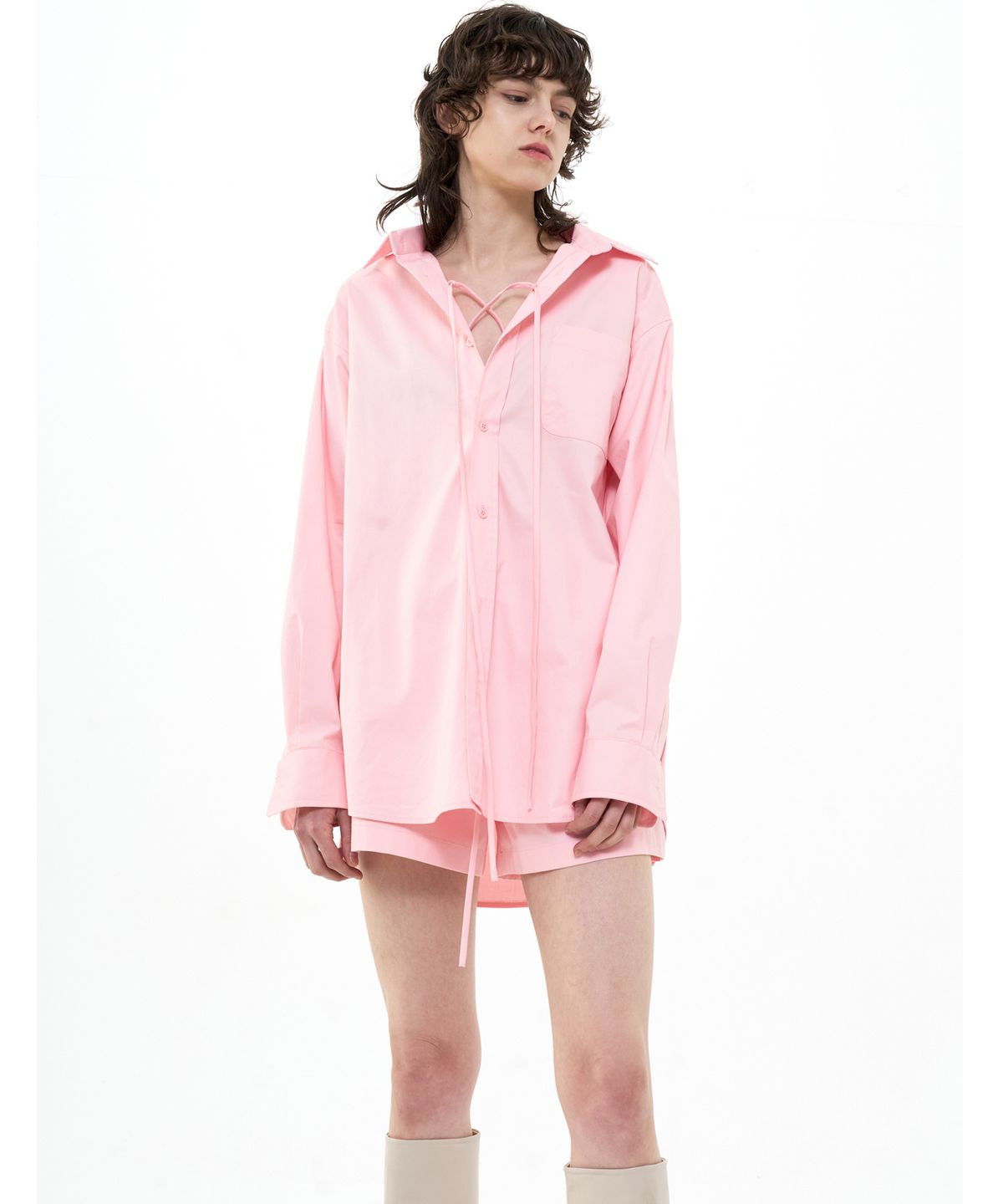 비콰이엇(B QUIET) OVERSIZED BELTED COTTON SHIRT_PINK