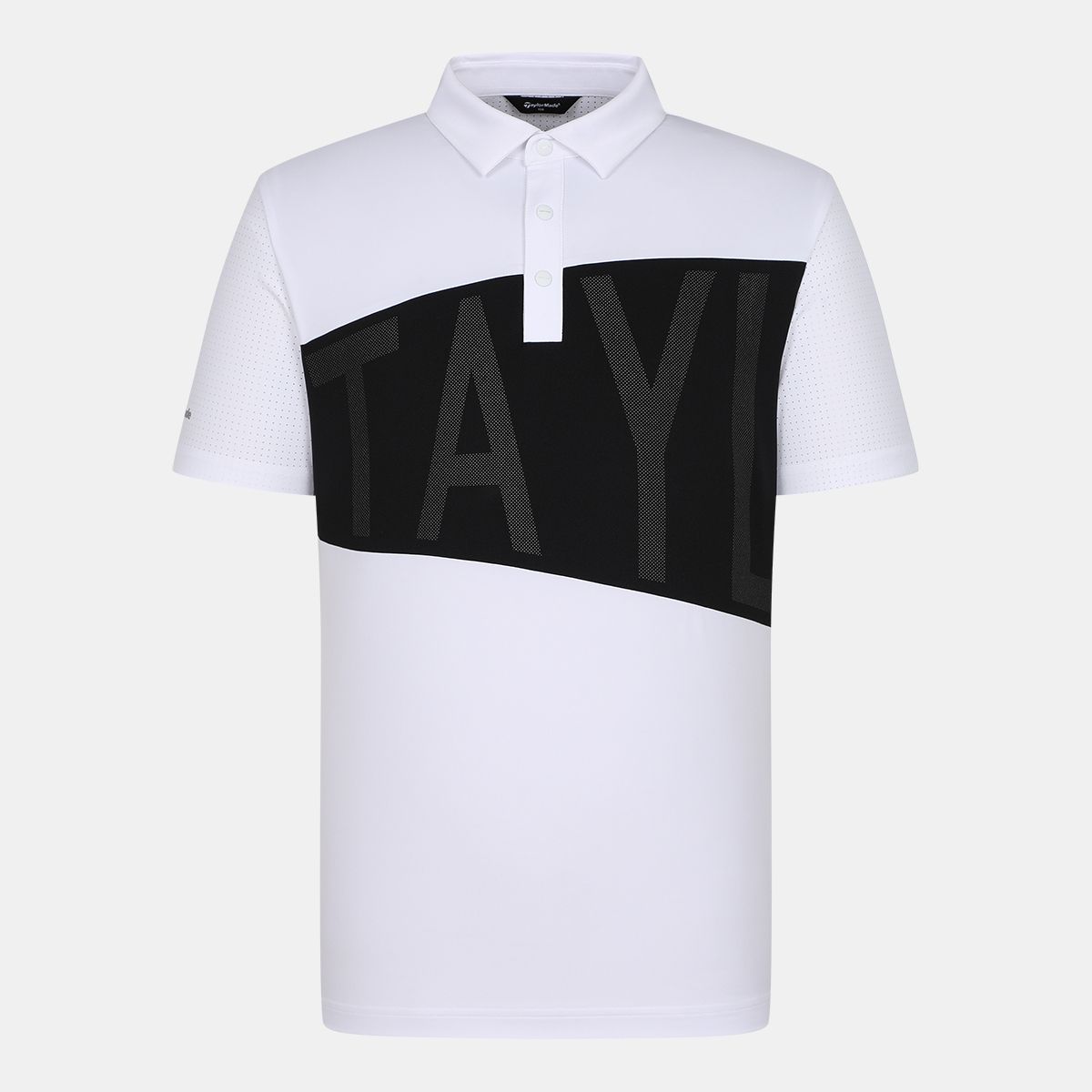 테일러메이드 어패럴(TAYLORMADE APPAREL) 남성 빅레터링 블록 타공 카라 반팔 티셔츠 T8031TN2243-100
