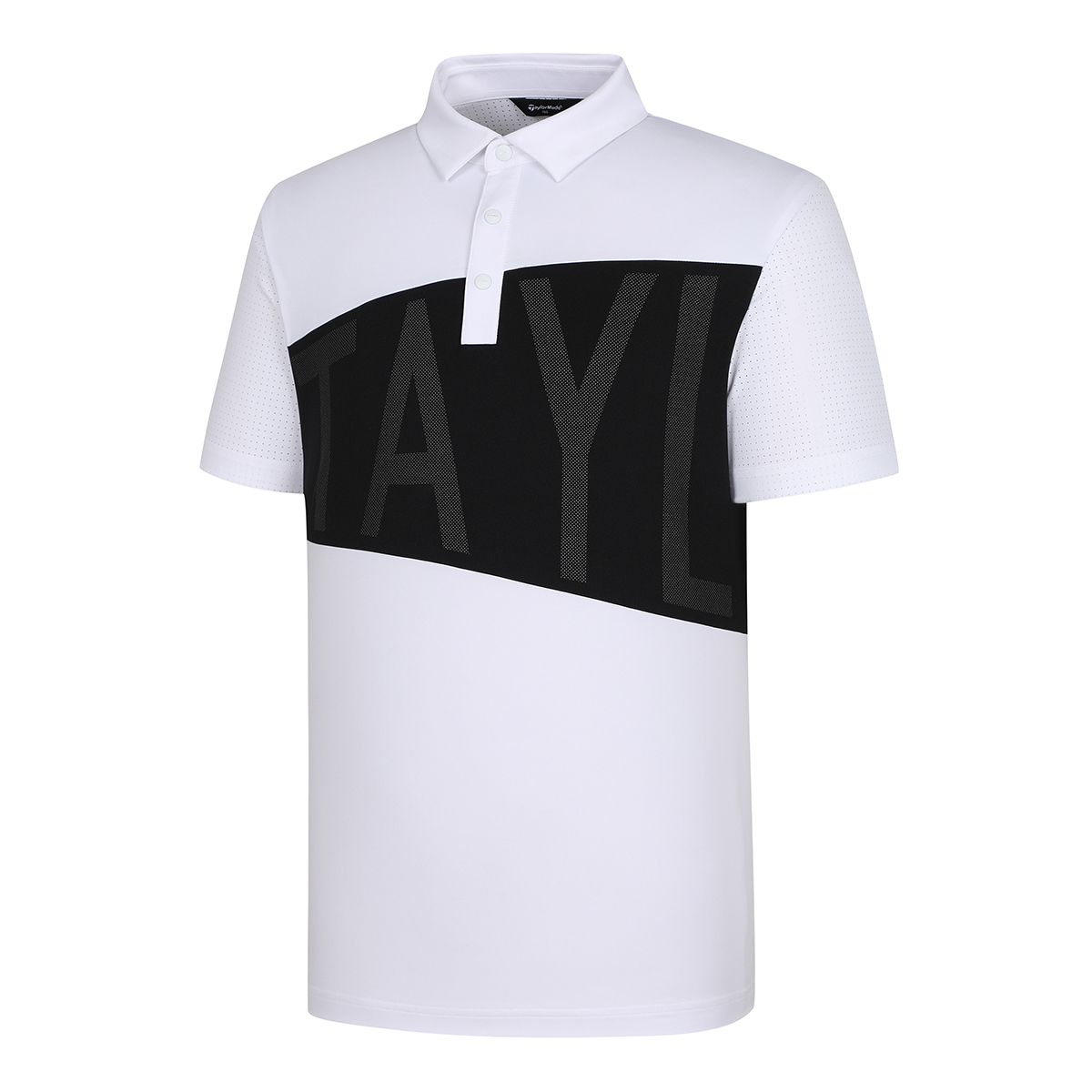 테일러메이드 어패럴(TAYLORMADE APPAREL) 남성 빅레터링 블록 타공 카라 반팔 티셔츠 T8031TN2243-100