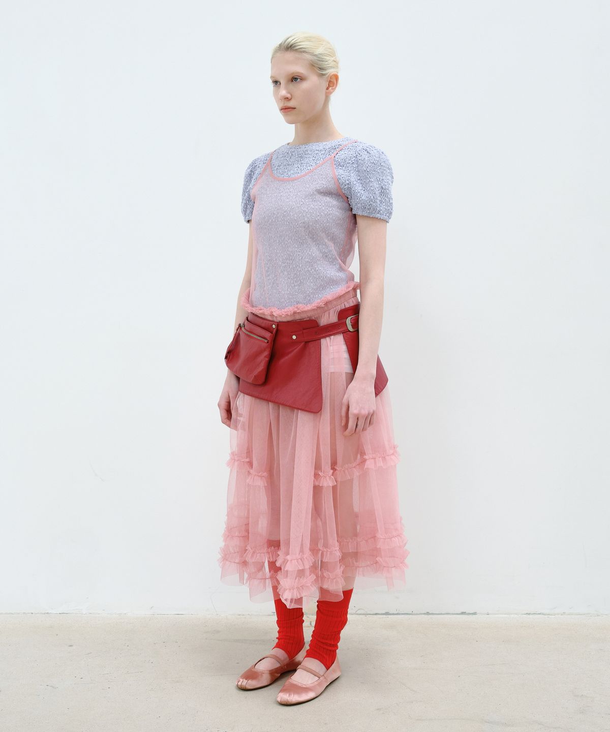 아옵트(AOPT) SHEER FRILL LAYERED DRESS - SALMON PINK