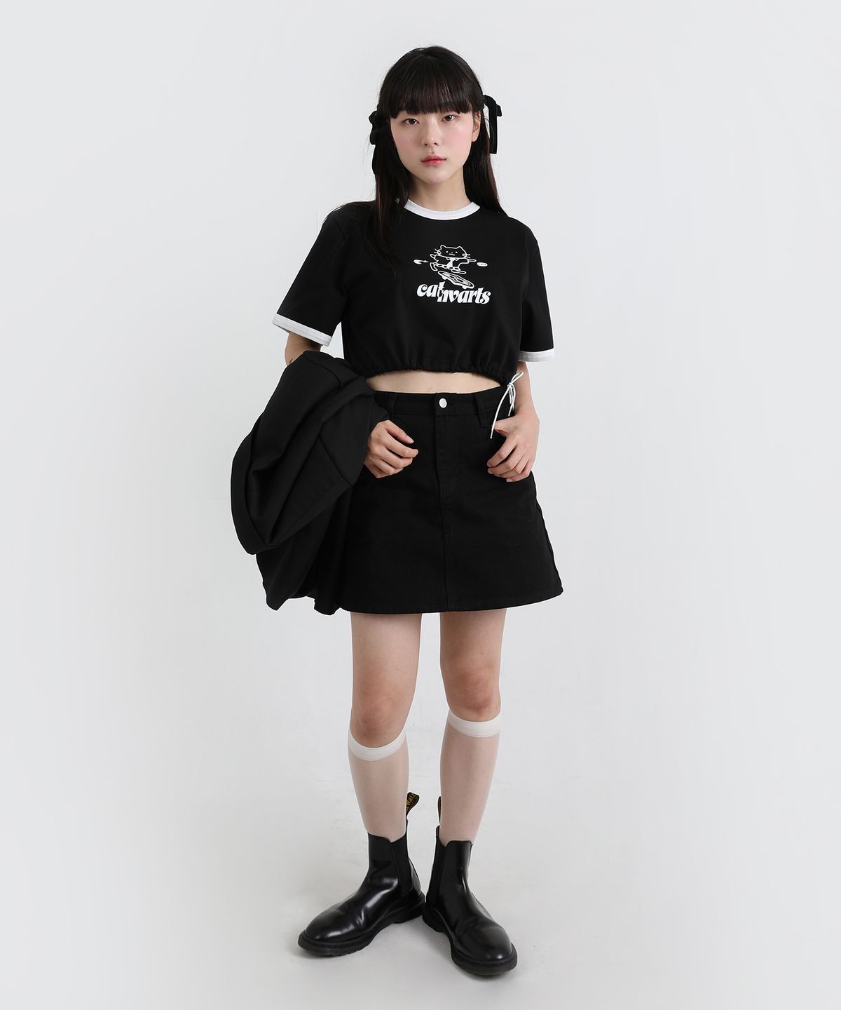 캔바츠(CANVARTS) 캣바츠 크롭 반팔 티셔츠 (블랙)